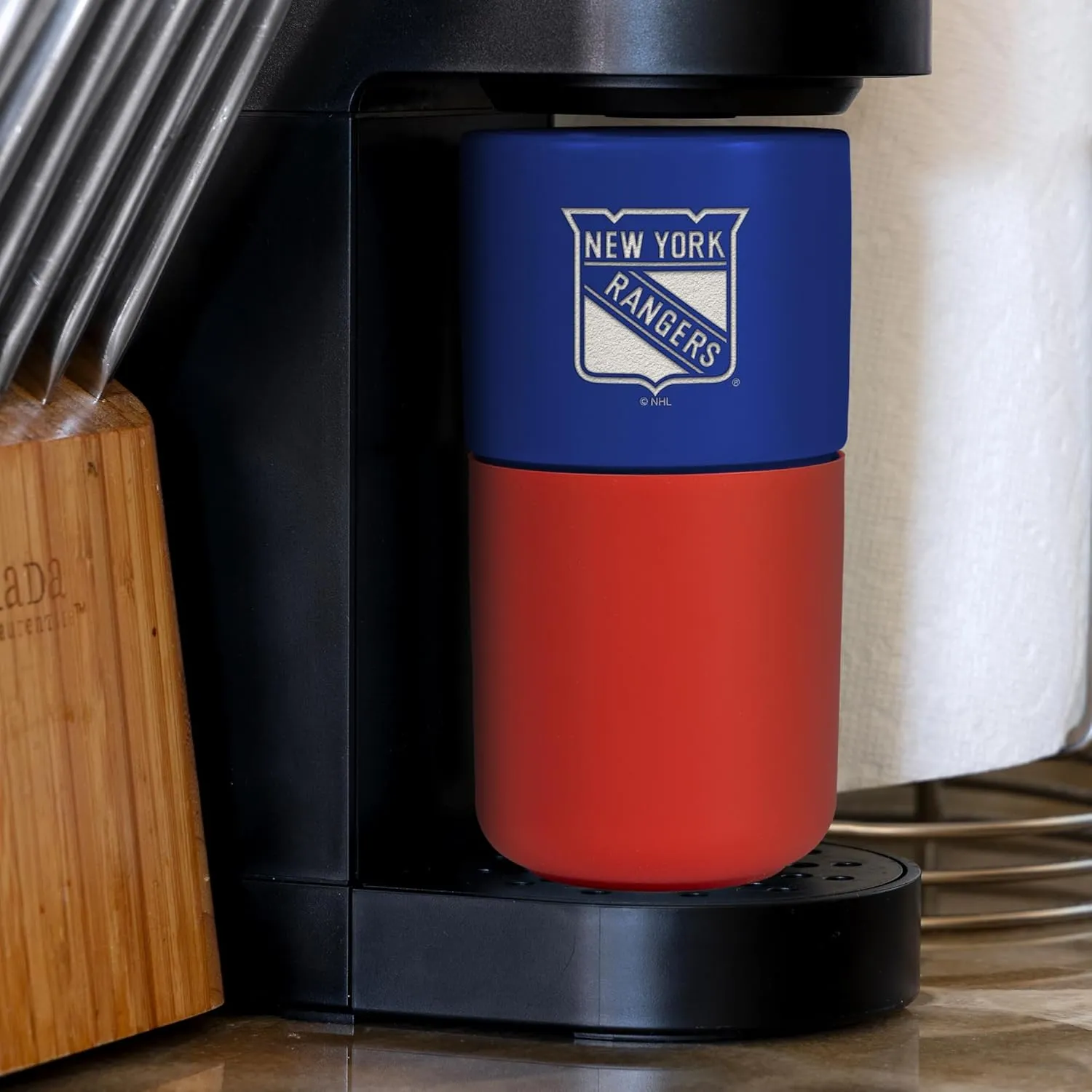 Rico Industries NHL New York Rangers 16 oz Ceramic Tumbler with Silicone Grip, Deep Laser Engraved, Royal Blue and Red Colored Design with Slide Lid, Travel Coffee Mug, Matte Glaze