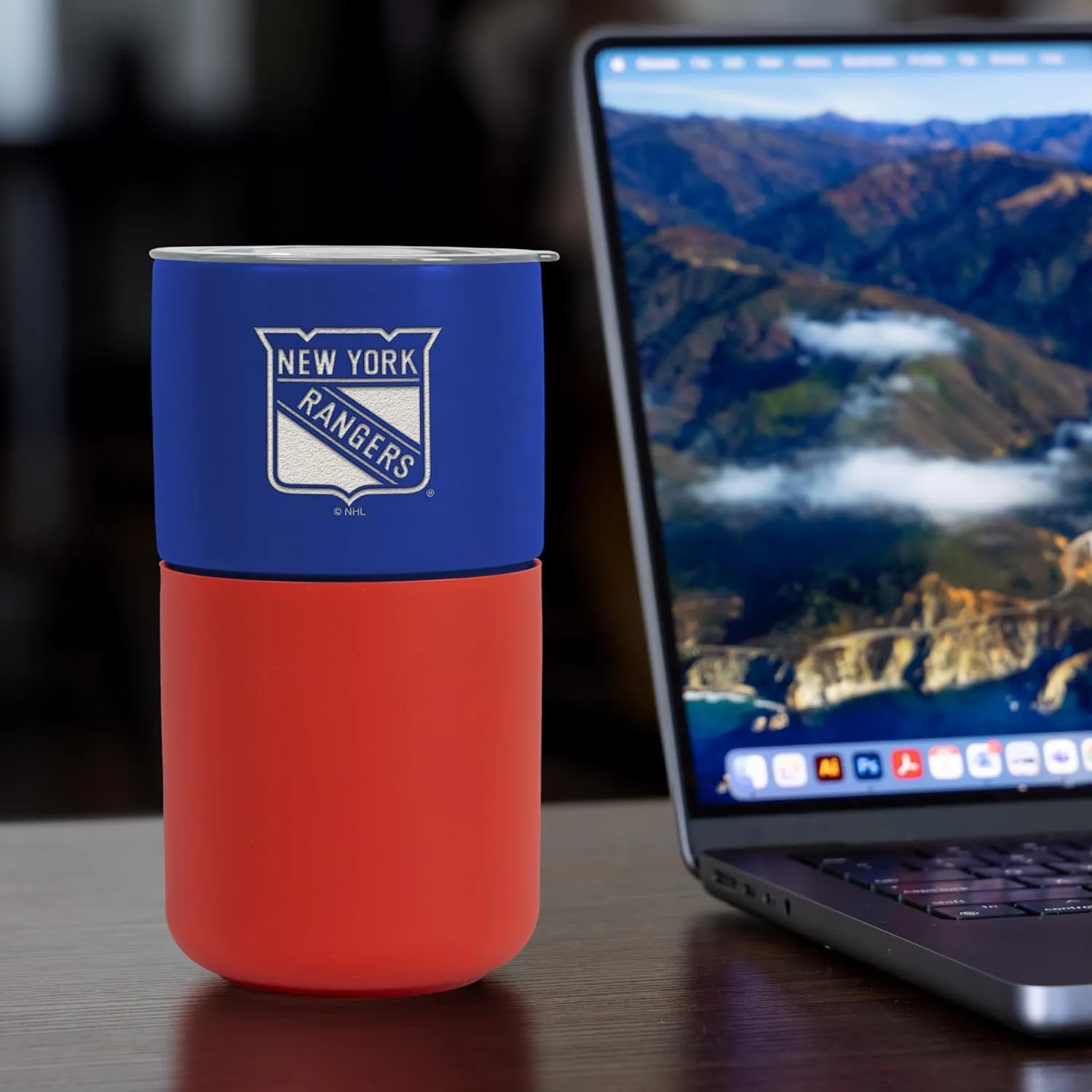 Rico Industries NHL New York Rangers 16 oz Ceramic Tumbler with Silicone Grip, Deep Laser Engraved, Royal Blue and Red Colored Design with Slide Lid, Travel Coffee Mug, Matte Glaze