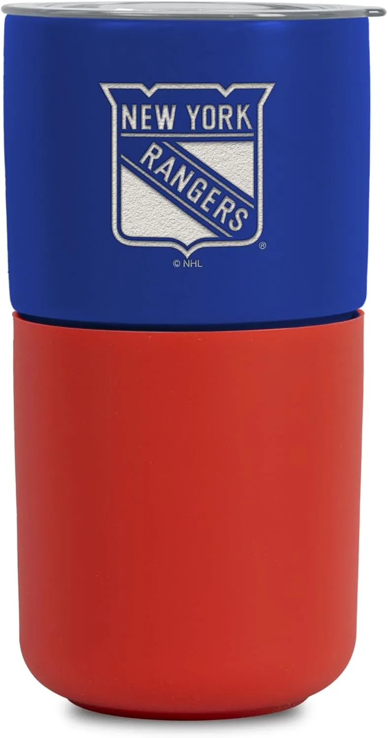 Rico Industries NHL New York Rangers 16 oz Ceramic Tumbler with Silicone Grip, Deep Laser Engraved, Royal Blue and Red Colored Design with Slide Lid, Travel Coffee Mug, Matte Glaze