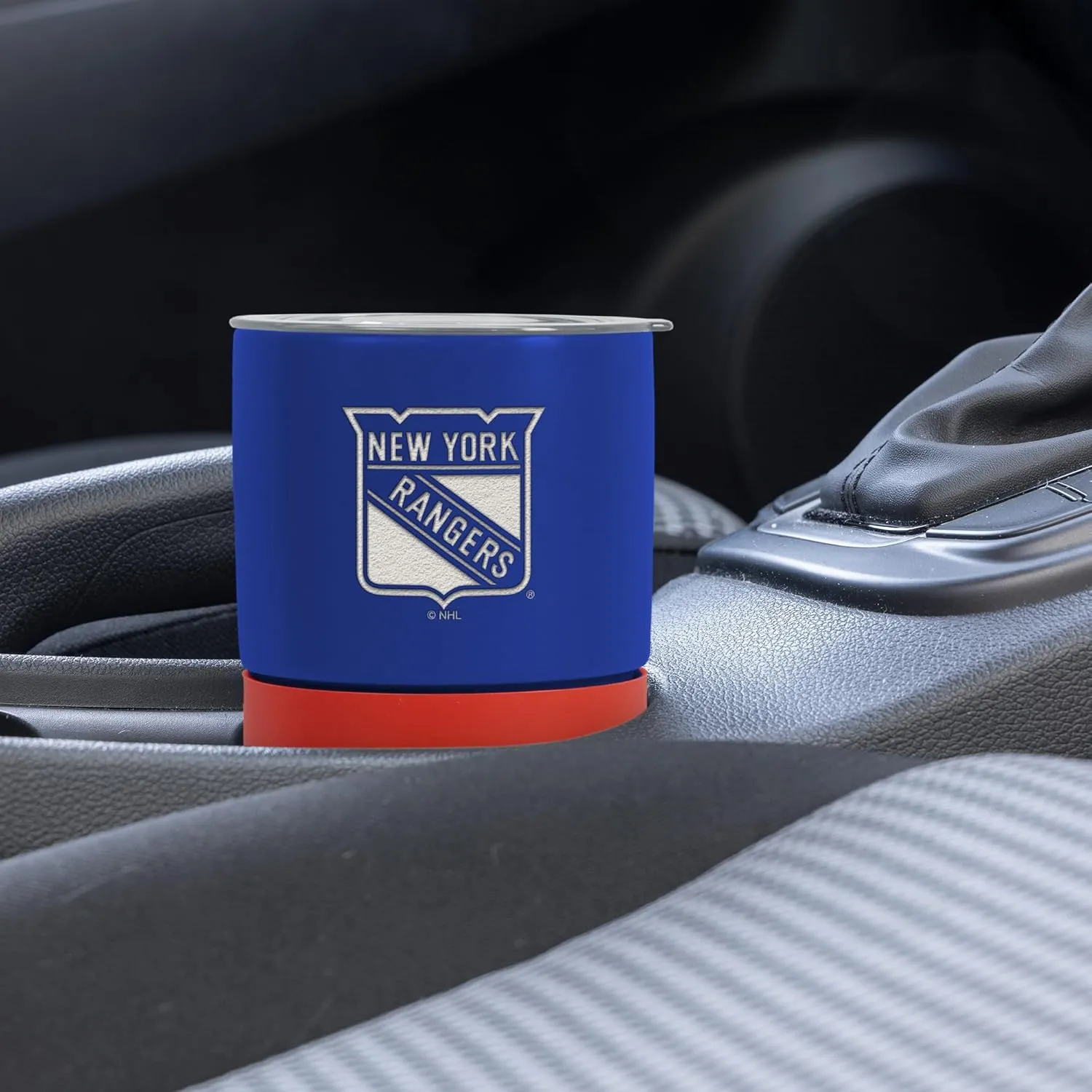 Rico Industries NHL New York Rangers 16 oz Ceramic Tumbler with Silicone Grip, Deep Laser Engraved, Royal Blue and Red Colored Design with Slide Lid, Travel Coffee Mug, Matte Glaze