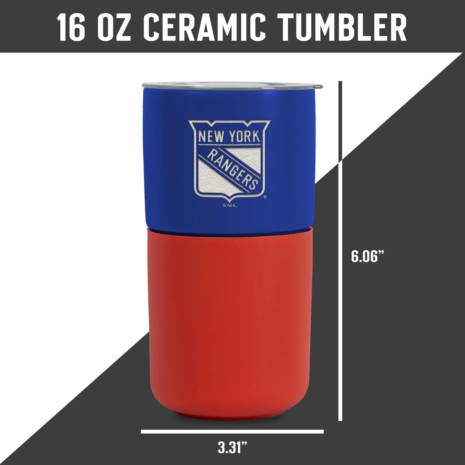 Rico Industries NHL New York Rangers 16 oz Ceramic Tumbler with Silicone Grip, Deep Laser Engraved, Royal Blue and Red Colored Design with Slide Lid, Travel Coffee Mug, Matte Glaze