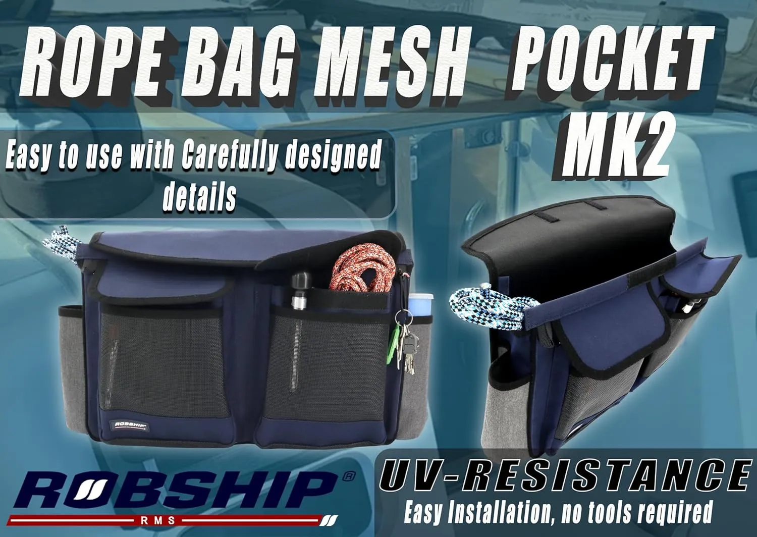 Rope Bag, Mesh Pocket, MK2, Navyline, Medium - Durable Storage and Boating Solution for Ropes and Accessories