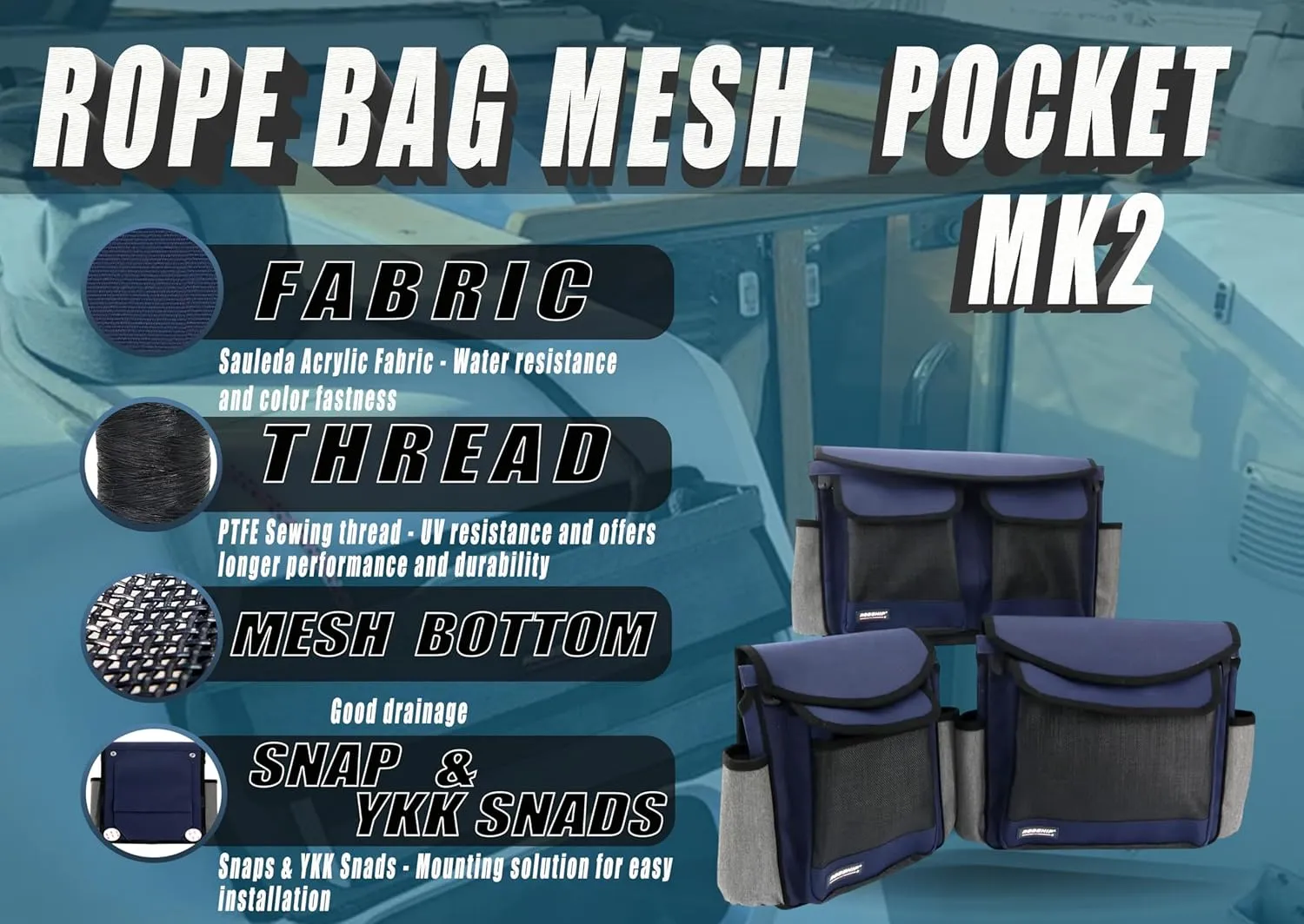 Rope Bag, Mesh Pocket, MK2, Navyline, Medium - Durable Storage and Boating Solution for Ropes and Accessories