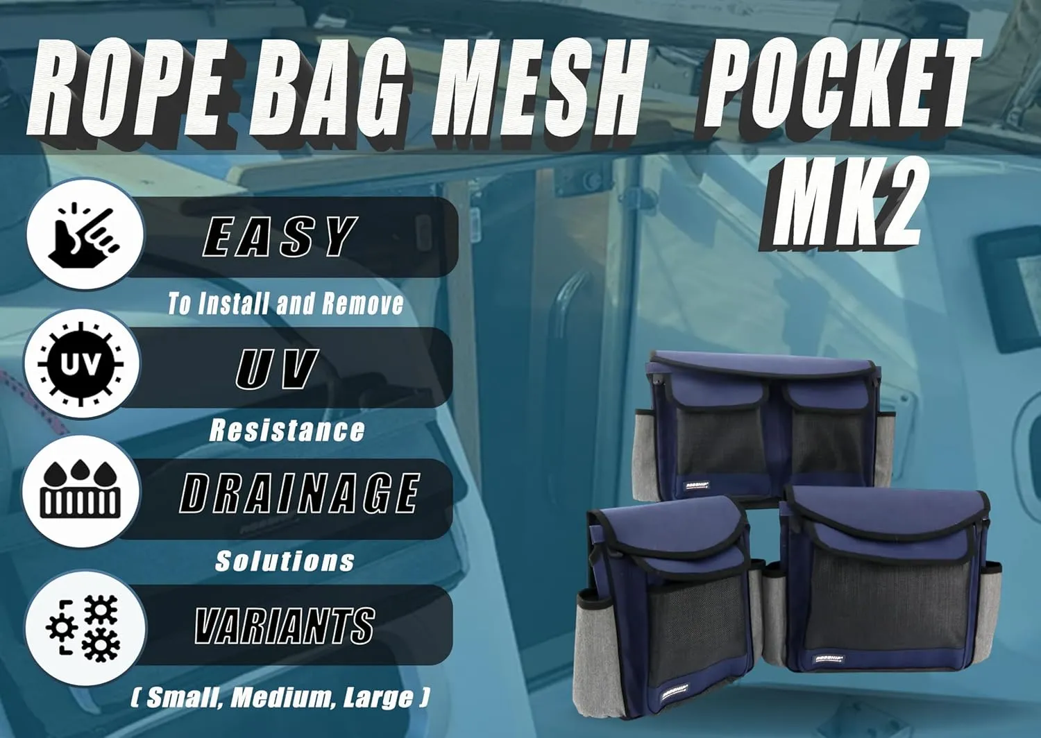 Rope Bag, Mesh Pocket, MK2, Navyline, Medium - Durable Storage and Boating Solution for Ropes and Accessories