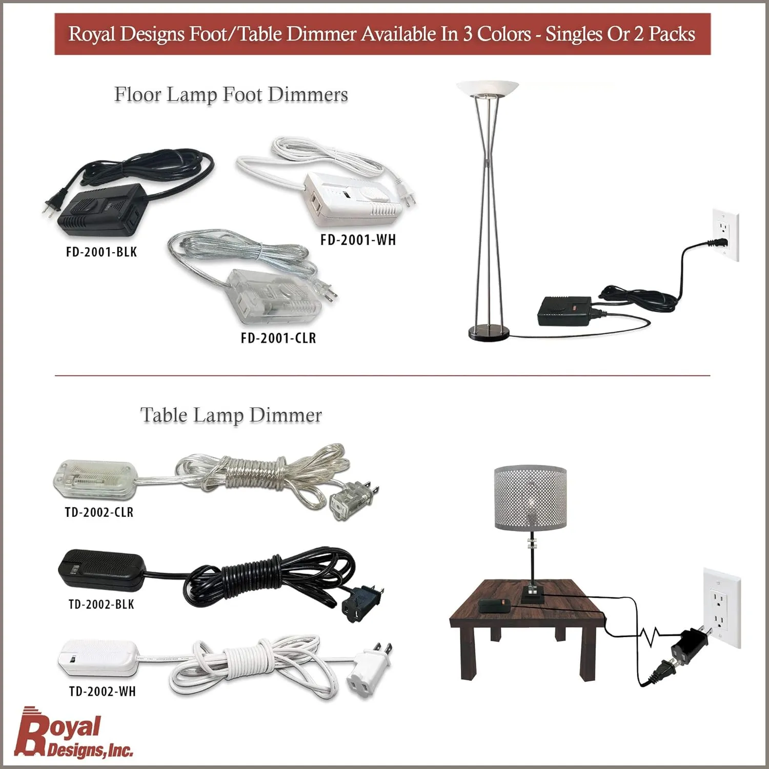 Royal Designs Light Dimmer Plug in Switch for Halogen and Incandescent Bulbs with Foot Slider, 6 Feet Cord, 300W, Set of 2