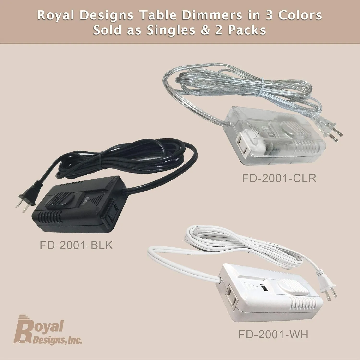 Royal Designs Light Dimmer Plug in Switch for Halogen and Incandescent Bulbs with Foot Slider, 6 Feet Cord, 300W, Set of 2