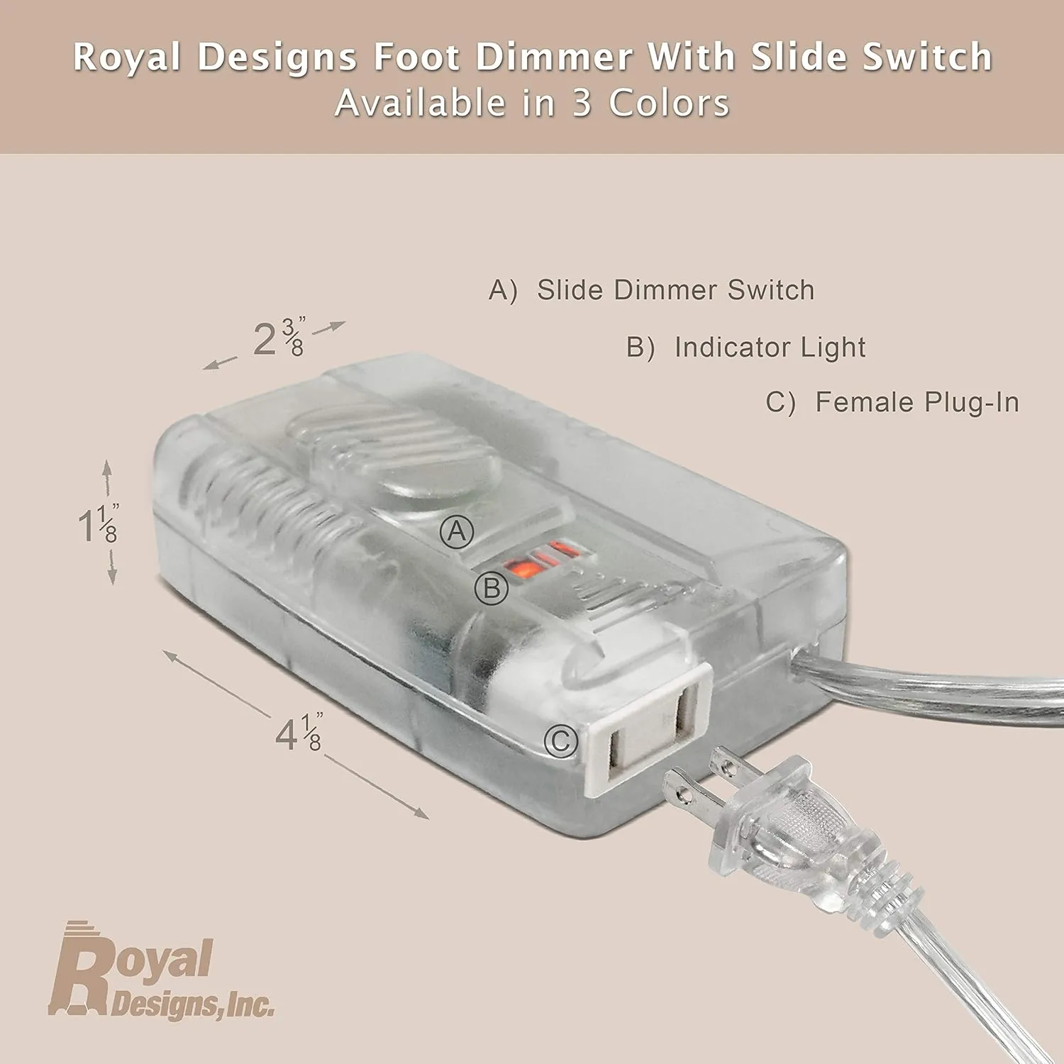 Royal Designs Light Dimmer Plug in Switch for Halogen and Incandescent Bulbs with Foot Slider, 6 Feet Cord, 300W, Set of 2