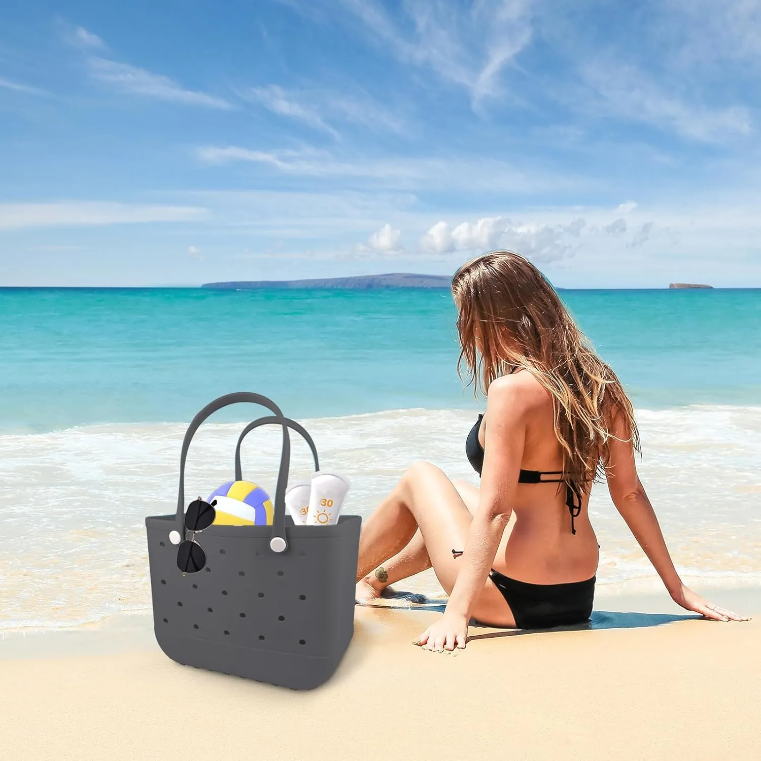 Rubber Beach Tote Bag - Waterproof Washable Durable Open Purses with Zipper Pocket and Phone Pouch for Pool Boat