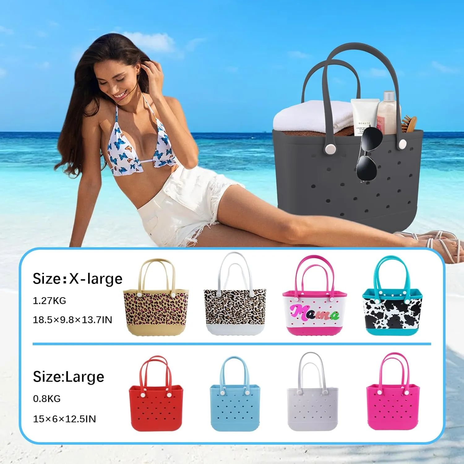 Rubber Beach Tote Bag - Waterproof Washable Durable Open Purses with Zipper Pocket and Phone Pouch for Pool Boat