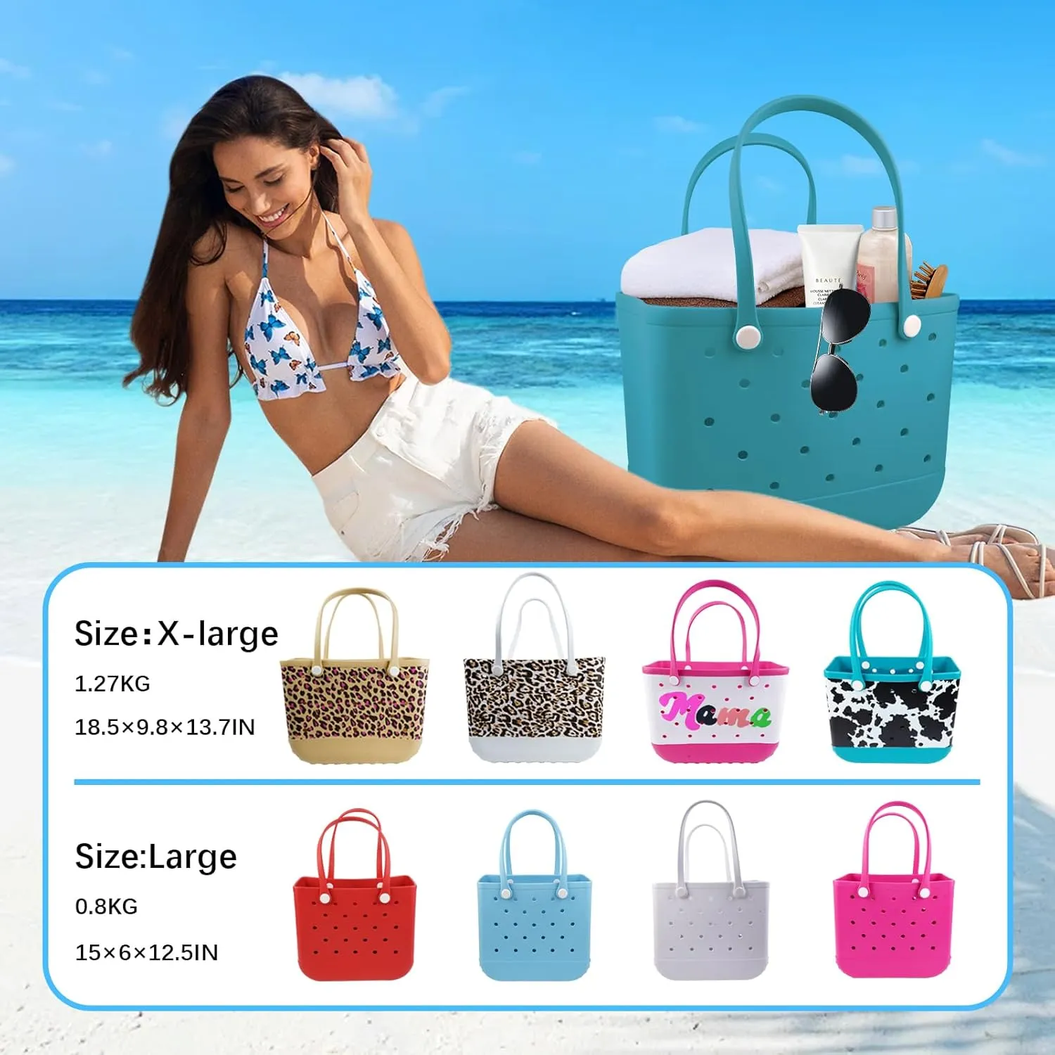 Rubber Beach Tote Bag - Waterproof Washable Durable Open Purses with Zipper Pocket and Phone Pouch for Pool Boat
