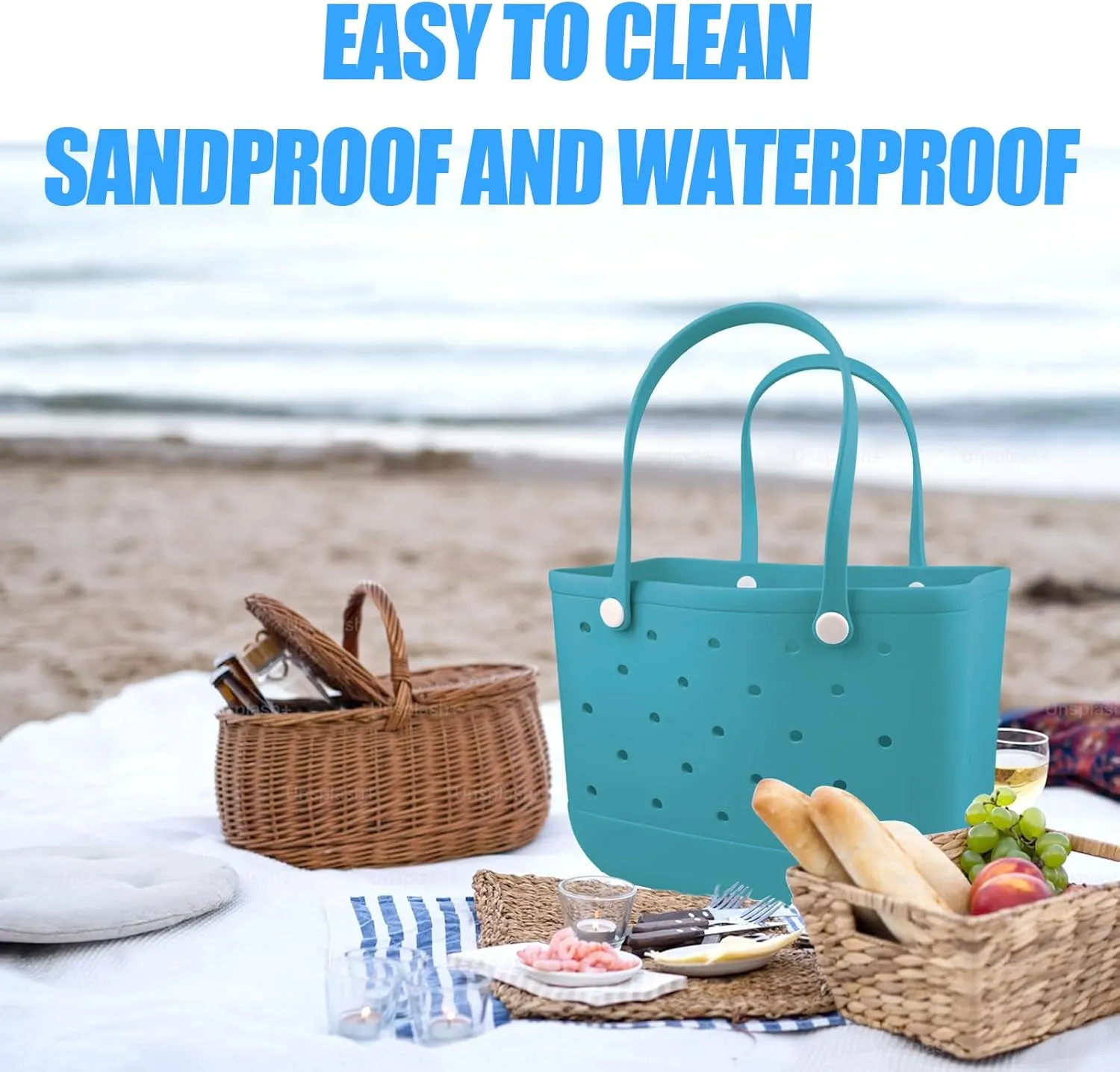 Rubber Beach Tote Bag - Waterproof Washable Durable Open Purses with Zipper Pocket and Phone Pouch for Pool Boat