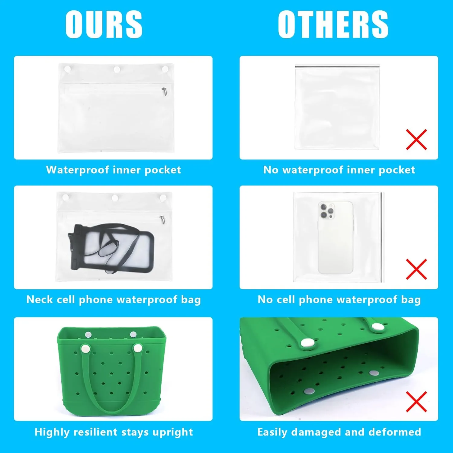Rubber Beach Tote Bag - Waterproof Washable Durable Open Purses with Zipper Pocket and Phone Pouch for Pool Boat