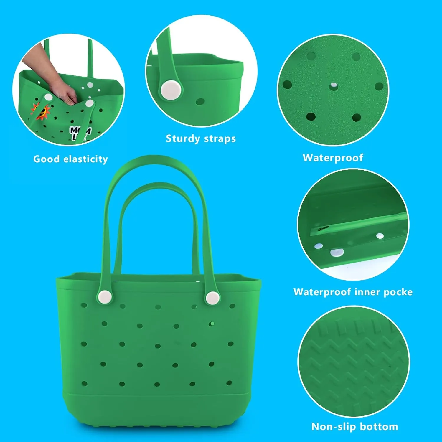 Rubber Beach Tote Bag - Waterproof Washable Durable Open Purses with Zipper Pocket and Phone Pouch for Pool Boat