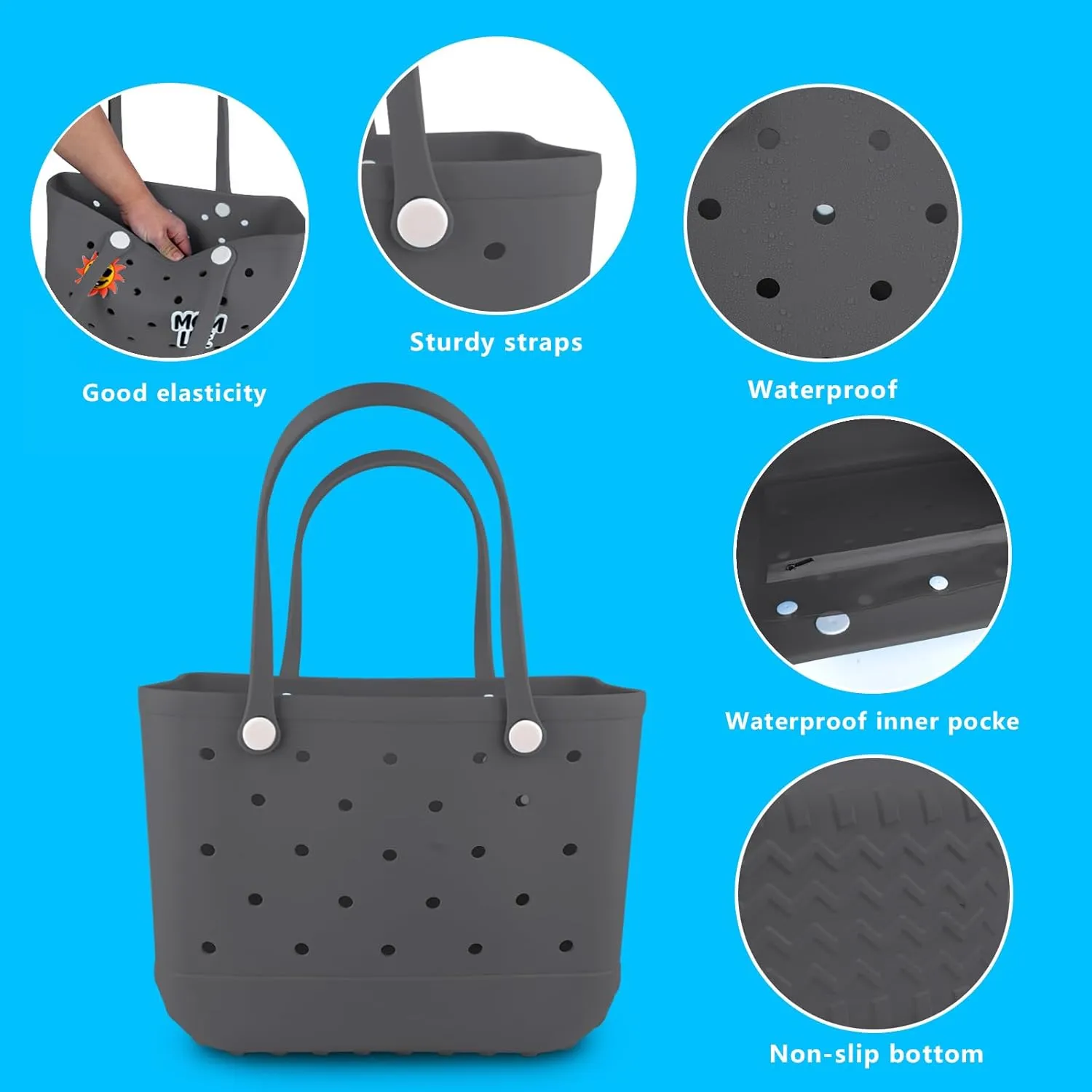 Rubber Beach Tote Bag - Waterproof Washable Durable Open Purses with Zipper Pocket and Phone Pouch for Pool Boat