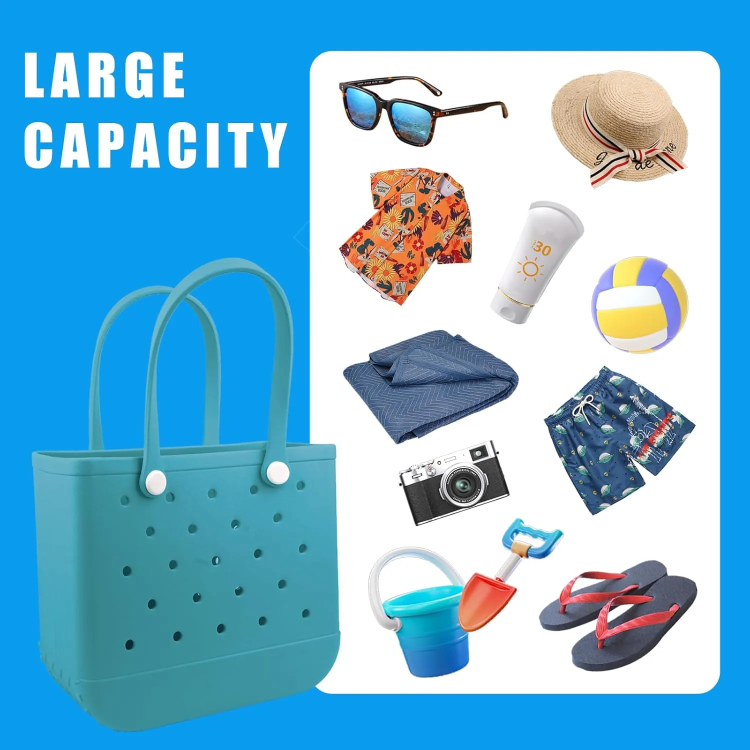 Rubber Beach Tote Bag - Waterproof Washable Durable Open Purses with Zipper Pocket and Phone Pouch for Pool Boat