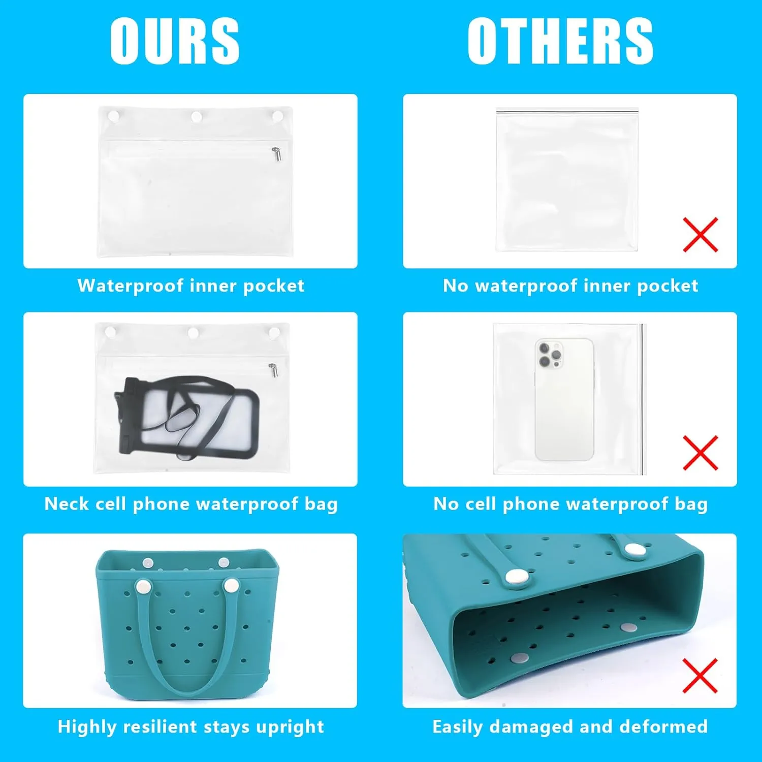 Rubber Beach Tote Bag - Waterproof Washable Durable Open Purses with Zipper Pocket and Phone Pouch for Pool Boat