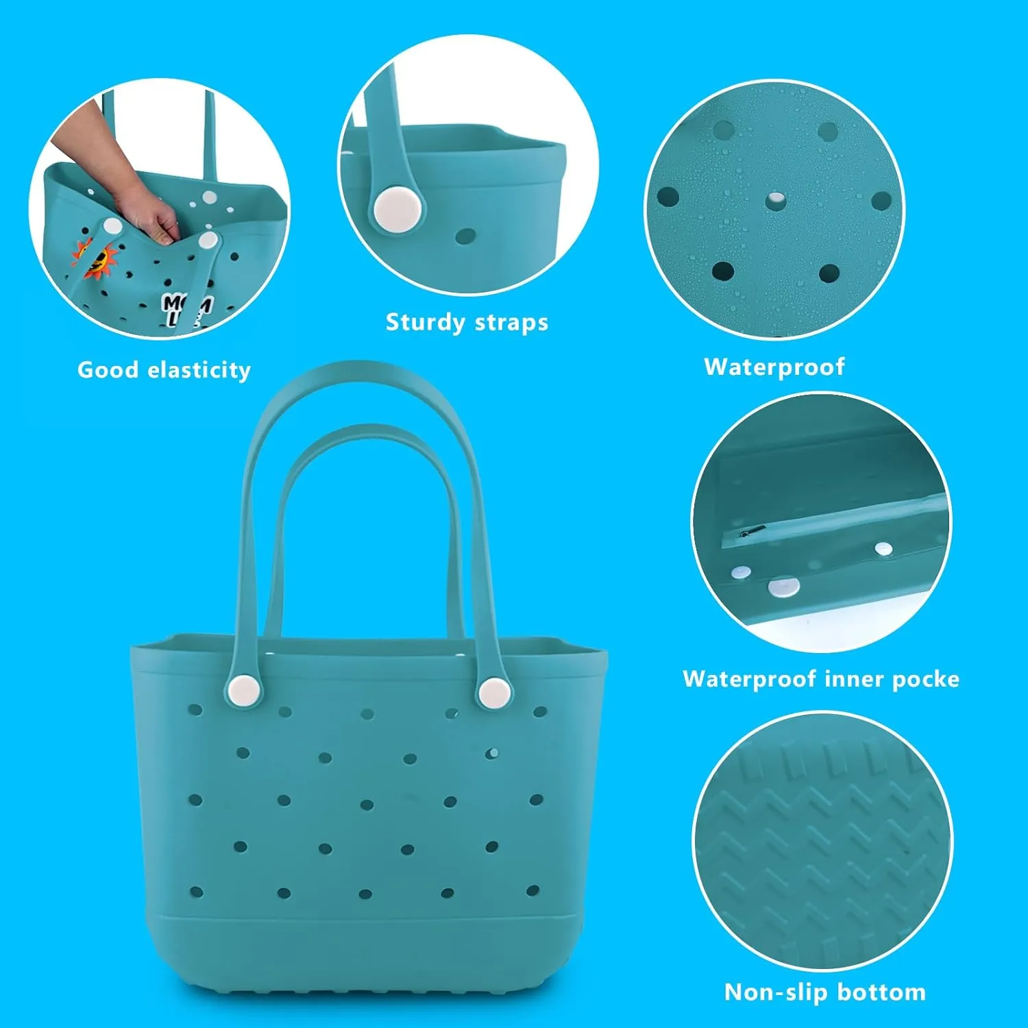 Rubber Beach Tote Bag - Waterproof Washable Durable Open Purses with Zipper Pocket and Phone Pouch for Pool Boat