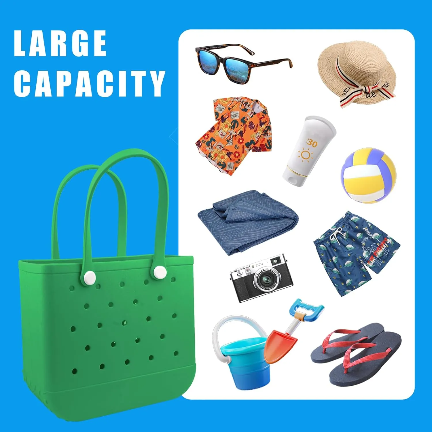 Rubber Beach Tote Bag - Waterproof Washable Durable Open Purses with Zipper Pocket and Phone Pouch for Pool Boat