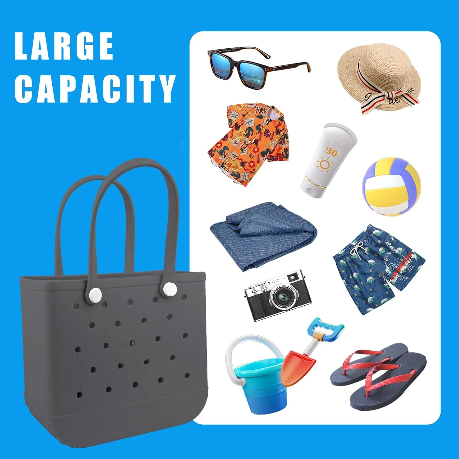 Rubber Beach Tote Bag - Waterproof Washable Durable Open Purses with Zipper Pocket and Phone Pouch for Pool Boat