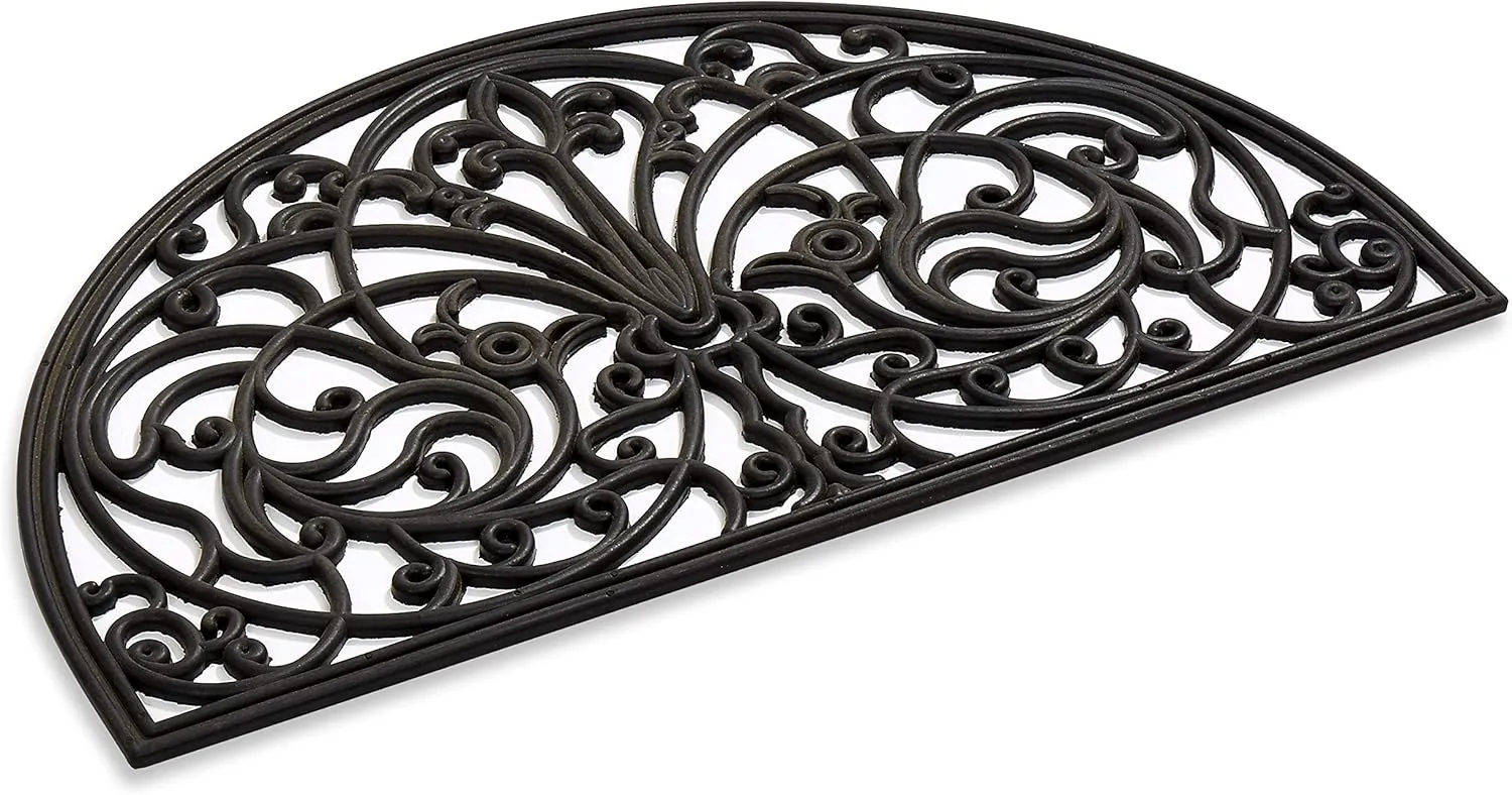 Rubber Scroll Doormat Half Moon Mat, Indoor Outdoor Entrance Mat, Low Clearance, Functional and Easy to Clean, Wrought Iron Scroll Design