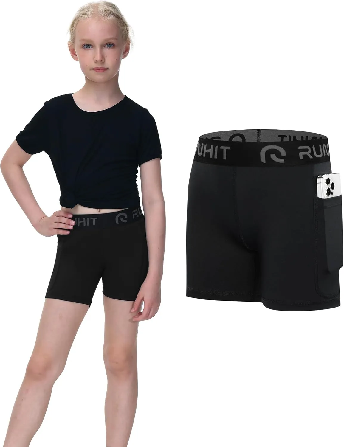 Runhit 4" Youth Girls Volleyball Shorts Spandex Girls Compression Shorts Biker Dance Kids Gymnastics Shorts with Pockets