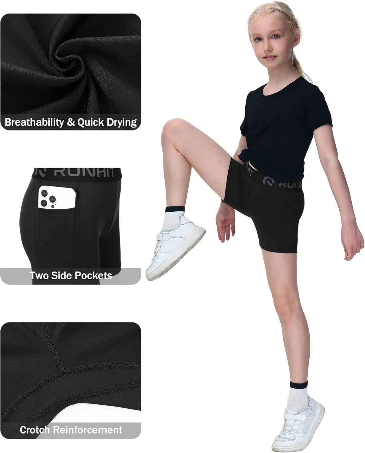 Runhit 4" Youth Girls Volleyball Shorts Spandex Girls Compression Shorts Biker Dance Kids Gymnastics Shorts with Pockets