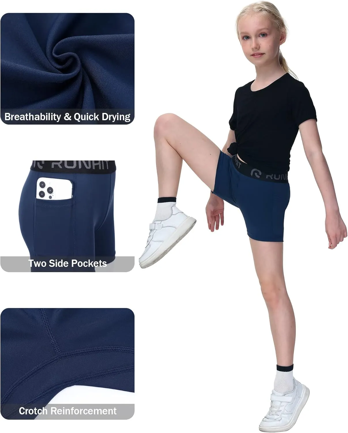Runhit 4" Youth Girls Volleyball Shorts Spandex Girls Compression Shorts Biker Dance Kids Gymnastics Shorts with Pockets