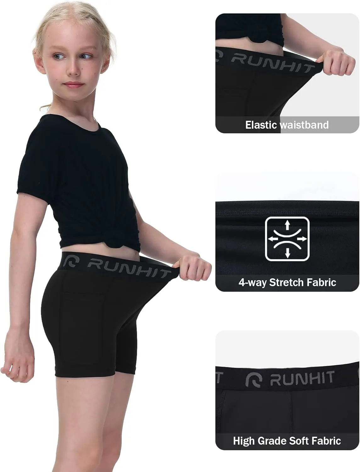 Runhit 4" Youth Girls Volleyball Shorts Spandex Girls Compression Shorts Biker Dance Kids Gymnastics Shorts with Pockets
