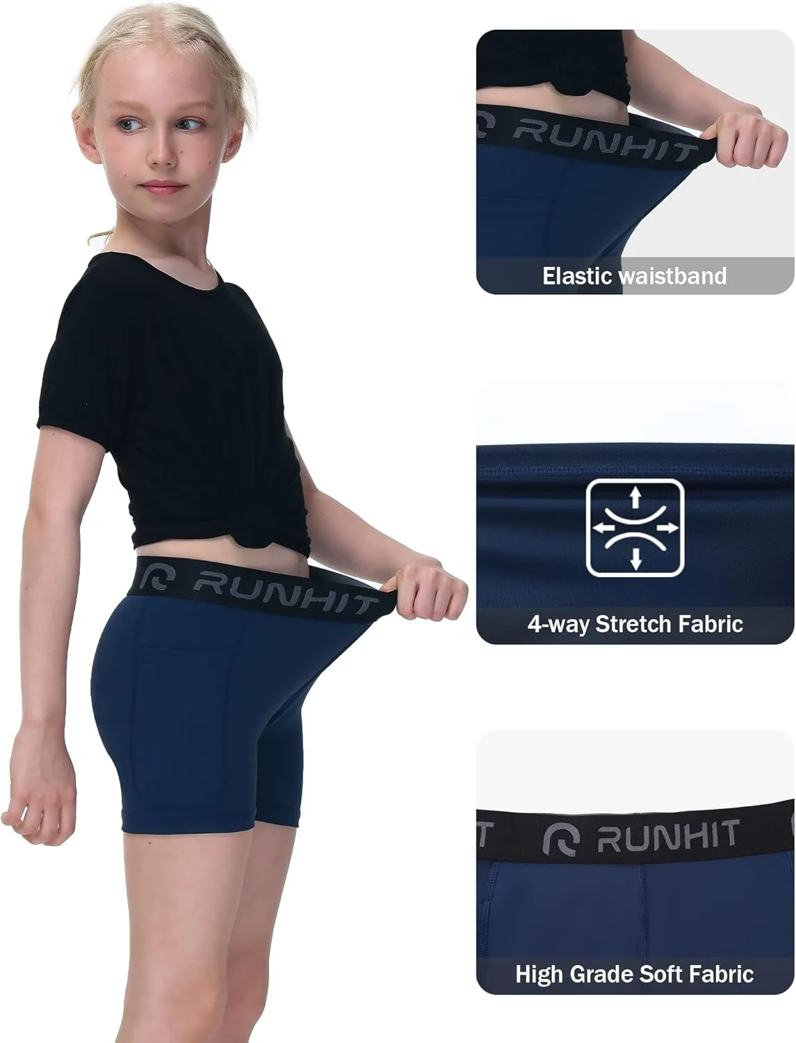 Runhit 4" Youth Girls Volleyball Shorts Spandex Girls Compression Shorts Biker Dance Kids Gymnastics Shorts with Pockets