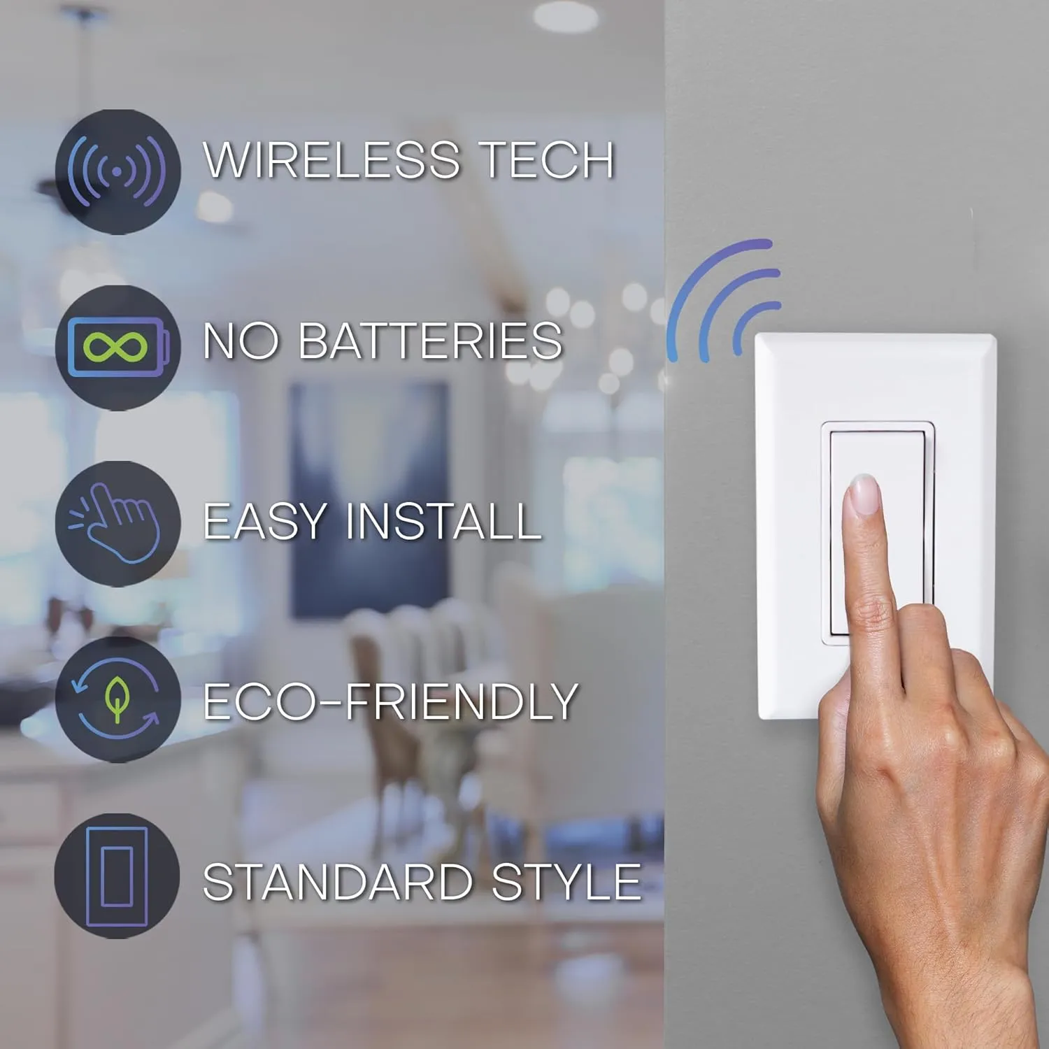 RunLessWire Single Pole Remote Light Switch Kit Wireless Battery-Free Self-Powered Kinetic DIY Wall Switch 150ft RF Range - Basic: 1 On/Off Receiver, 1 Switch - Black