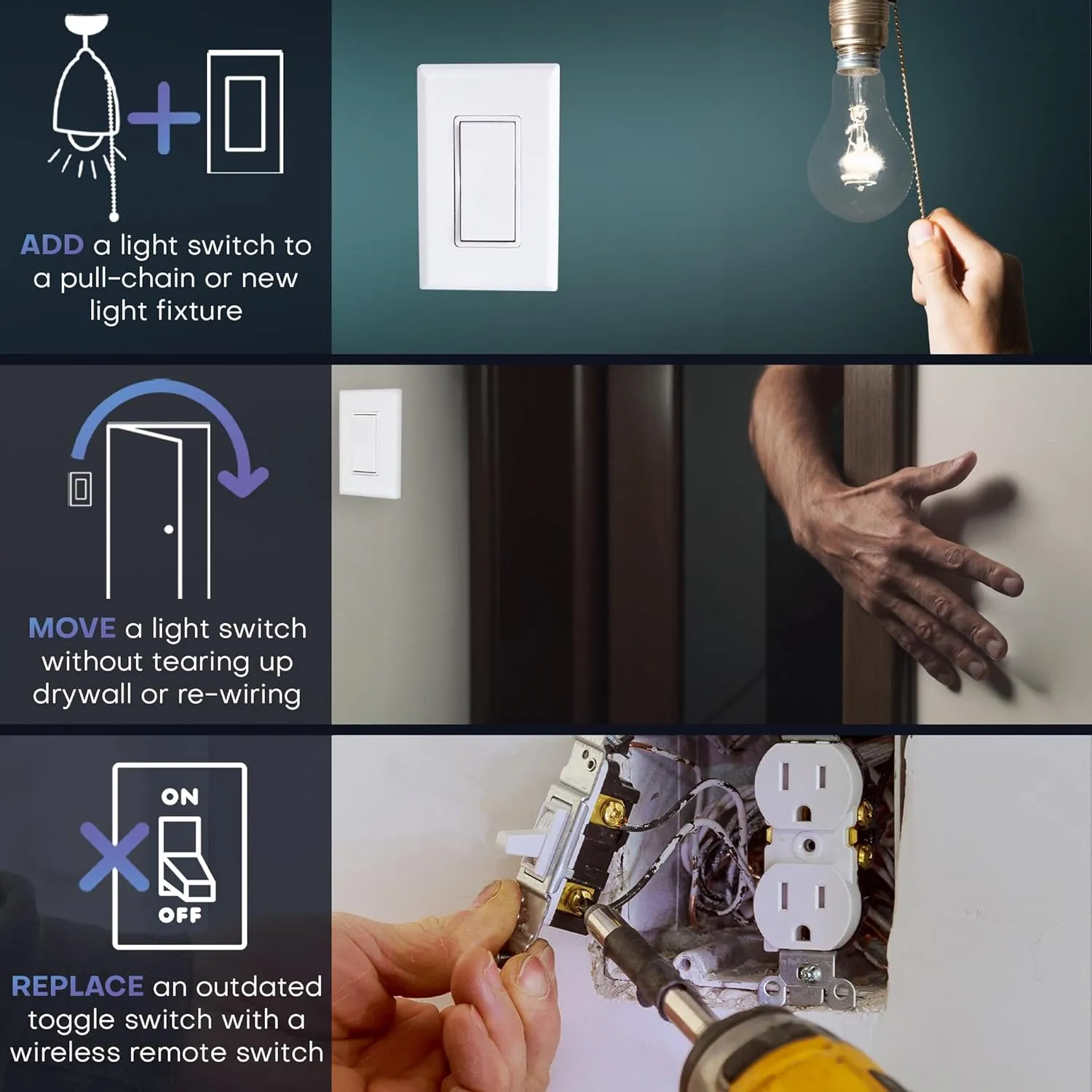 RunLessWire Single Pole Remote Light Switch Kit Wireless Battery-Free Self-Powered Kinetic DIY Wall Switch 150ft RF Range - Basic: 1 On/Off Receiver, 1 Switch - Black