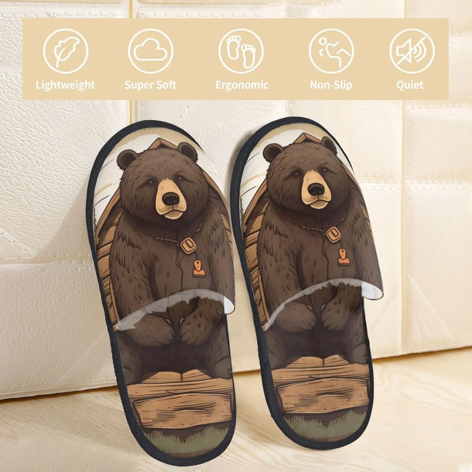Rustic Lodge Bear Printed Slippers Cozy Indoor Slide Unisex House Slippers Soft Plush Slip-on Slippers