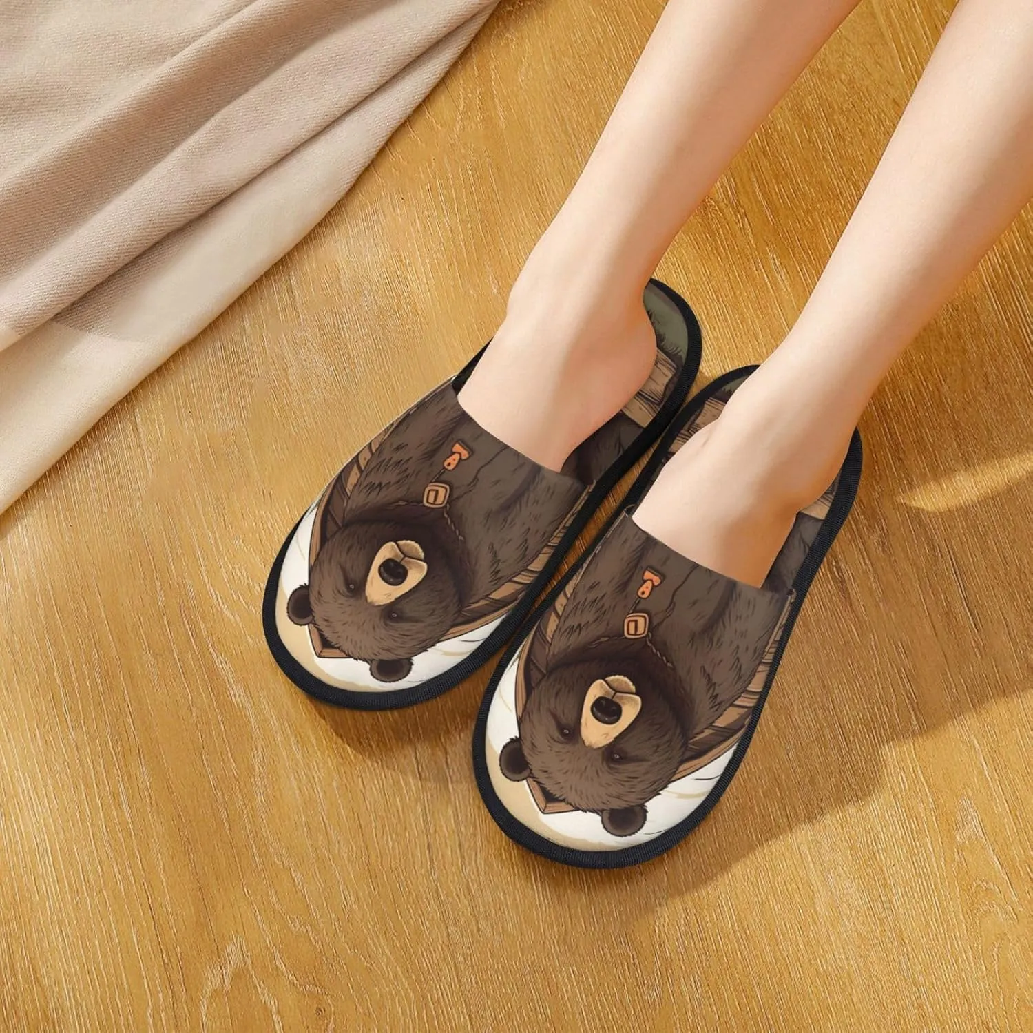 Rustic Lodge Bear Printed Slippers Cozy Indoor Slide Unisex House Slippers Soft Plush Slip-on Slippers