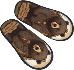 Rustic Lodge Bear Printed Slippers Cozy Indoor Slide Unisex House Slippers Soft Plush Slip-on Slippers