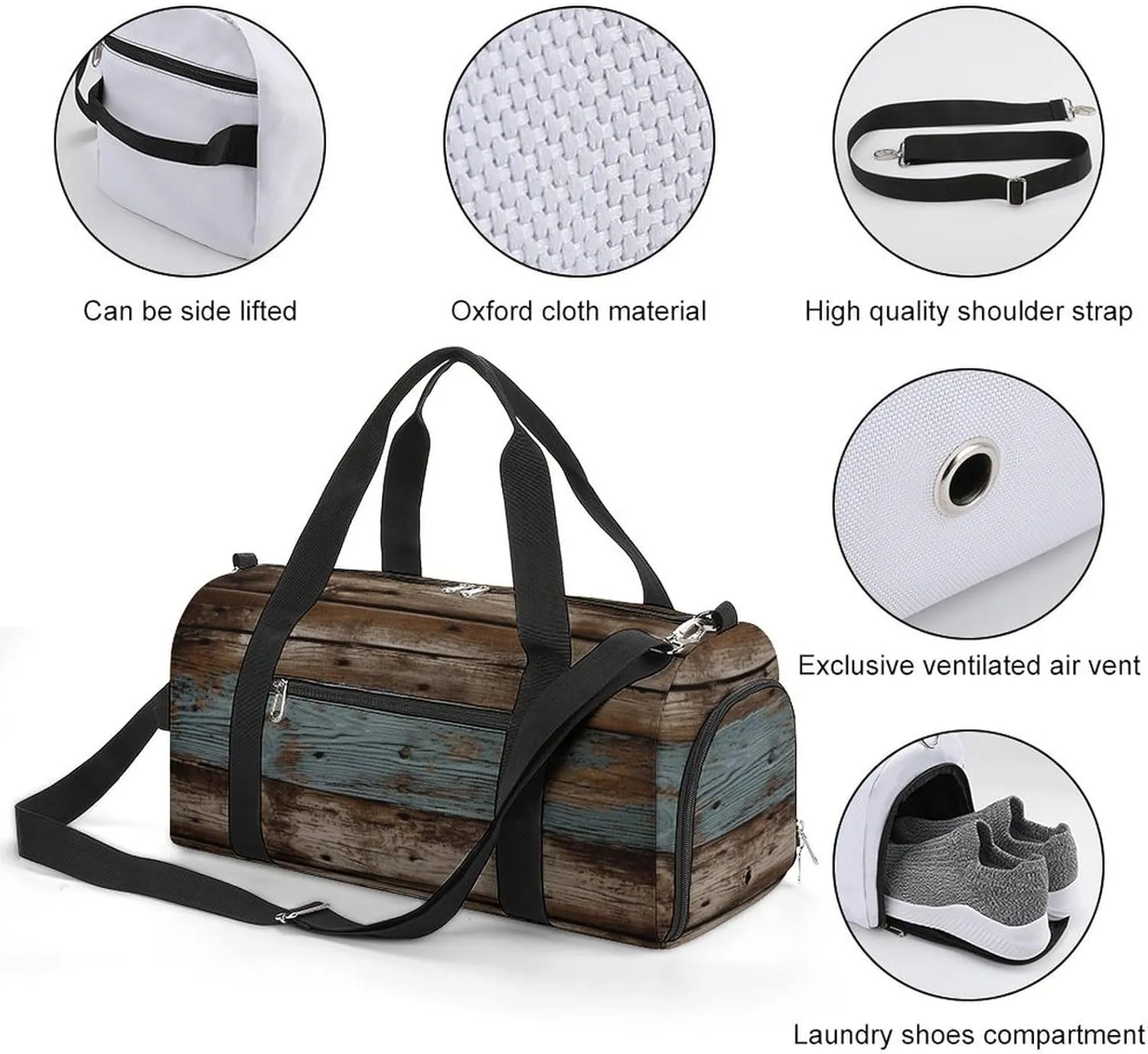 Rustic Old Barn Wood Sports Gym Bag Carry on Holdalls for Men Small Duffel Bags for Women with Shoe Compartment