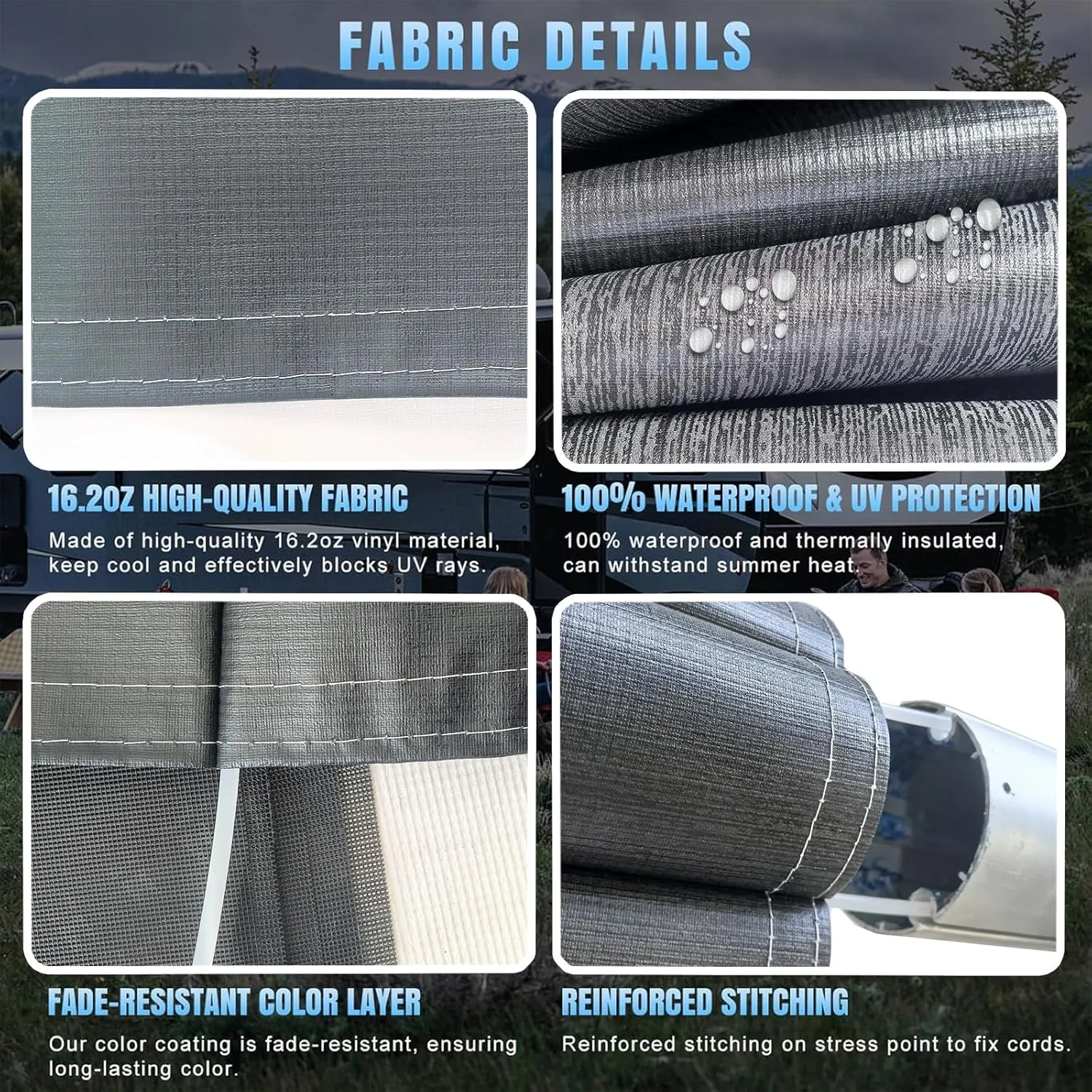 RV Awning Fabric Replacement,Camper Trailer Motorized Awning Replacement for Motorhome,Heavy Duty Weatherproof 18.5oz Outdoor Vinyl RV Canopy 17'(Fabric 16'2") Black Fade