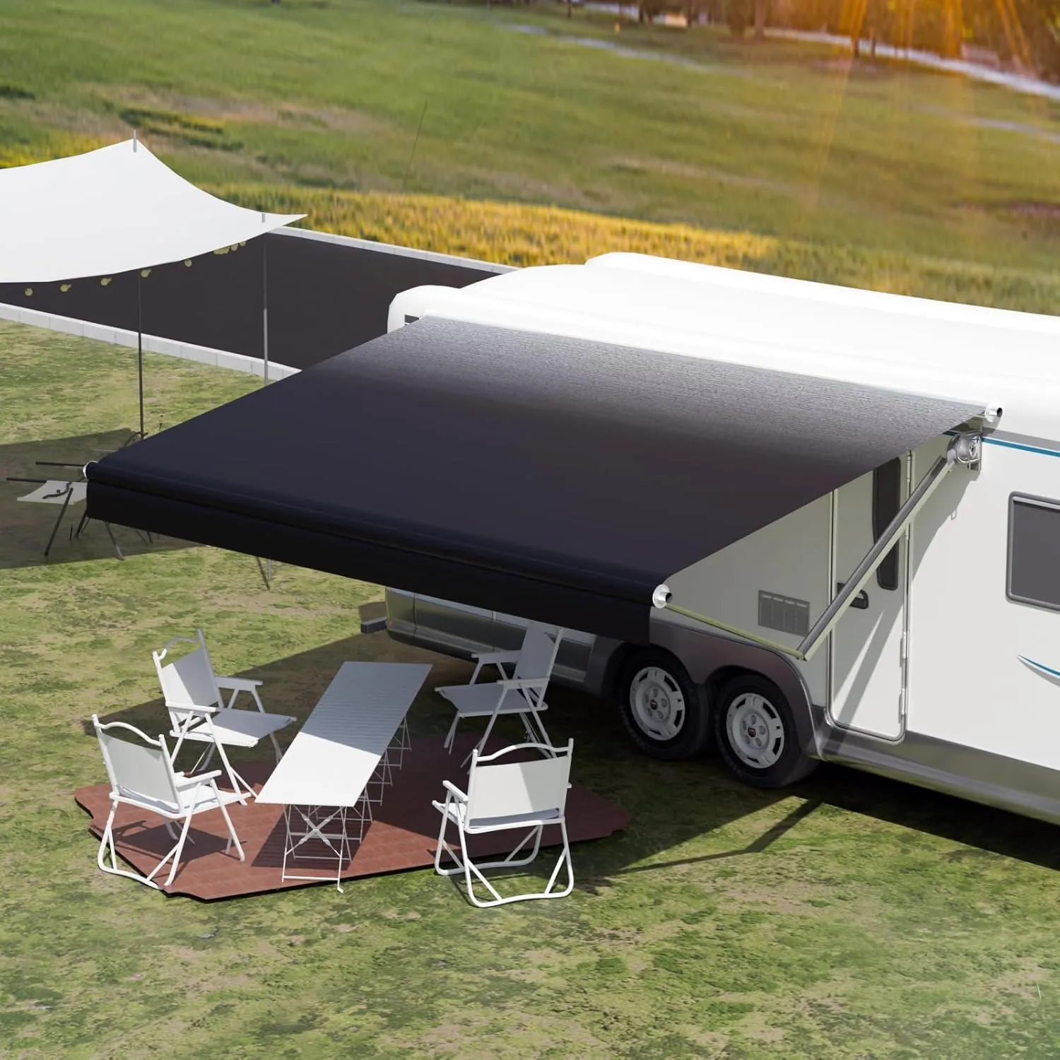 RV Awning Fabric Replacement,Camper Trailer Motorized Awning Replacement for Motorhome,Heavy Duty Weatherproof 18.5oz Outdoor Vinyl RV Canopy 17'(Fabric 16'2") Black Fade