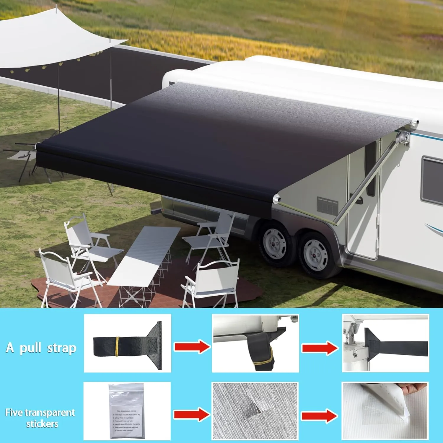 RV Awning Fabric Replacement,Camper Trailer Motorized Awning Replacement for Motorhome,Heavy Duty Weatherproof 18.5oz Outdoor Vinyl RV Canopy 17'(Fabric 16'2") Black Fade
