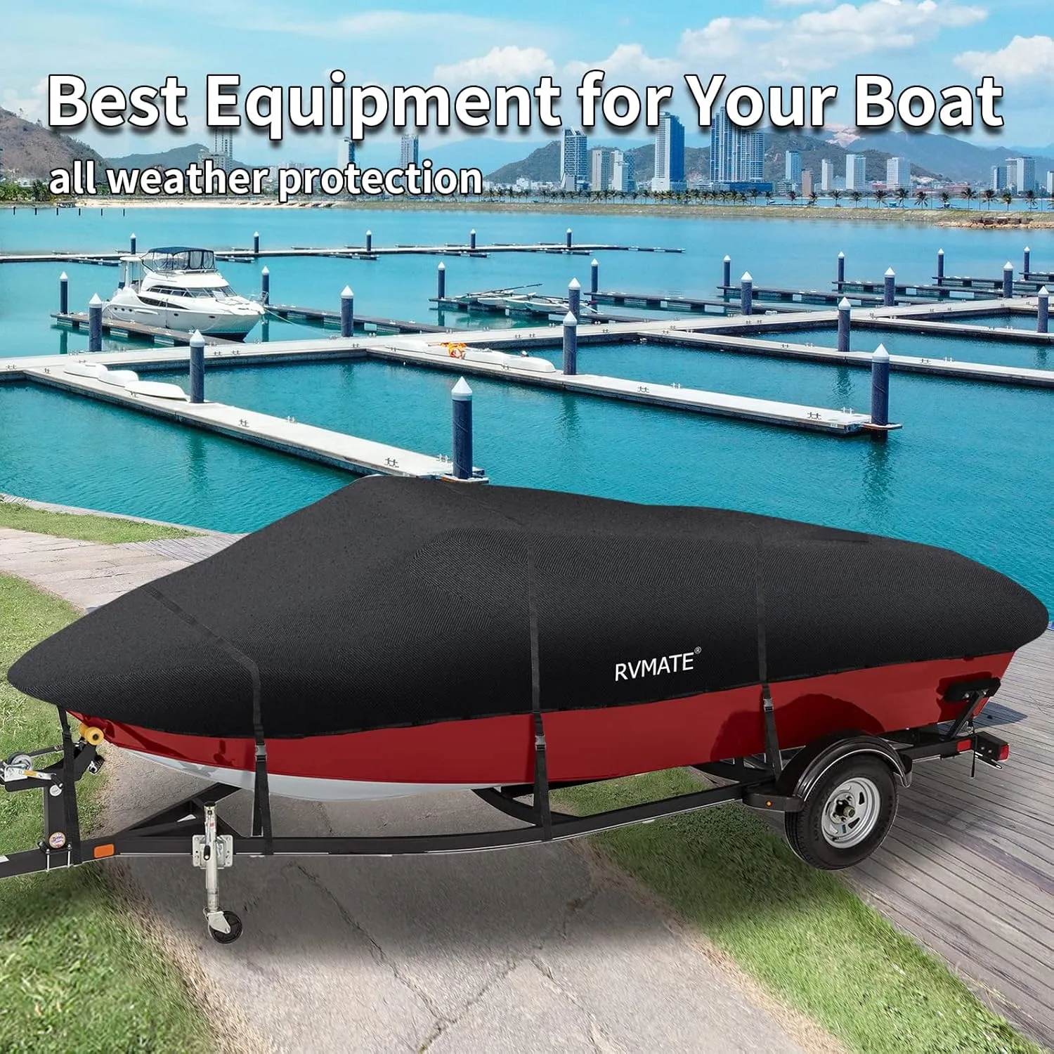 RVMATE 20-22ft Boat Cover, 600D Marine Grade Polyester, Fits V-Hull, Tri-Hull, Fishing Boat, Runabout, Length:20’-22’, Beam Width:106”, Black