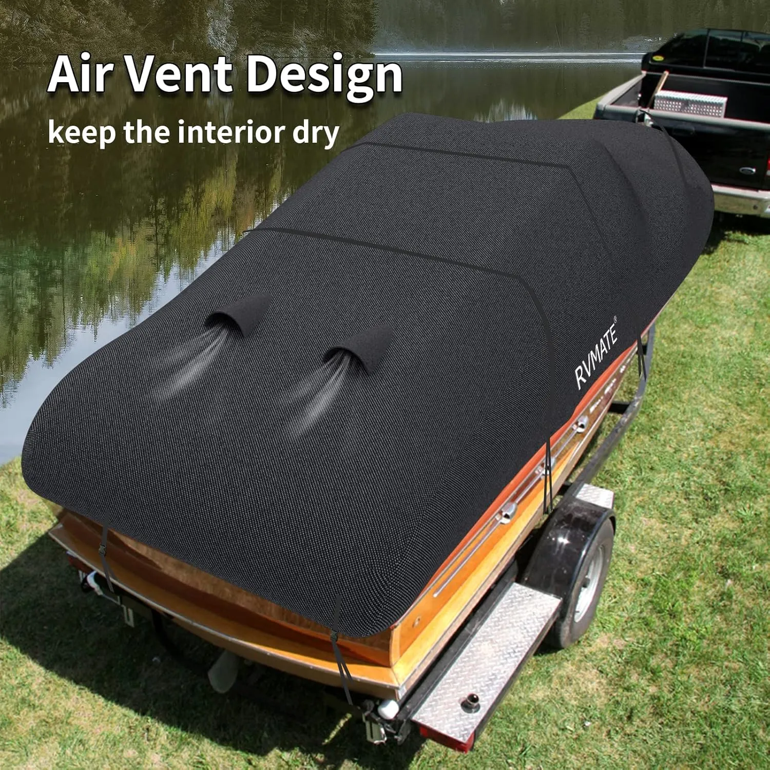 RVMATE 20-22ft Boat Cover, 600D Marine Grade Polyester, Fits V-Hull, Tri-Hull, Fishing Boat, Runabout, Length:20’-22’, Beam Width:106”, Black