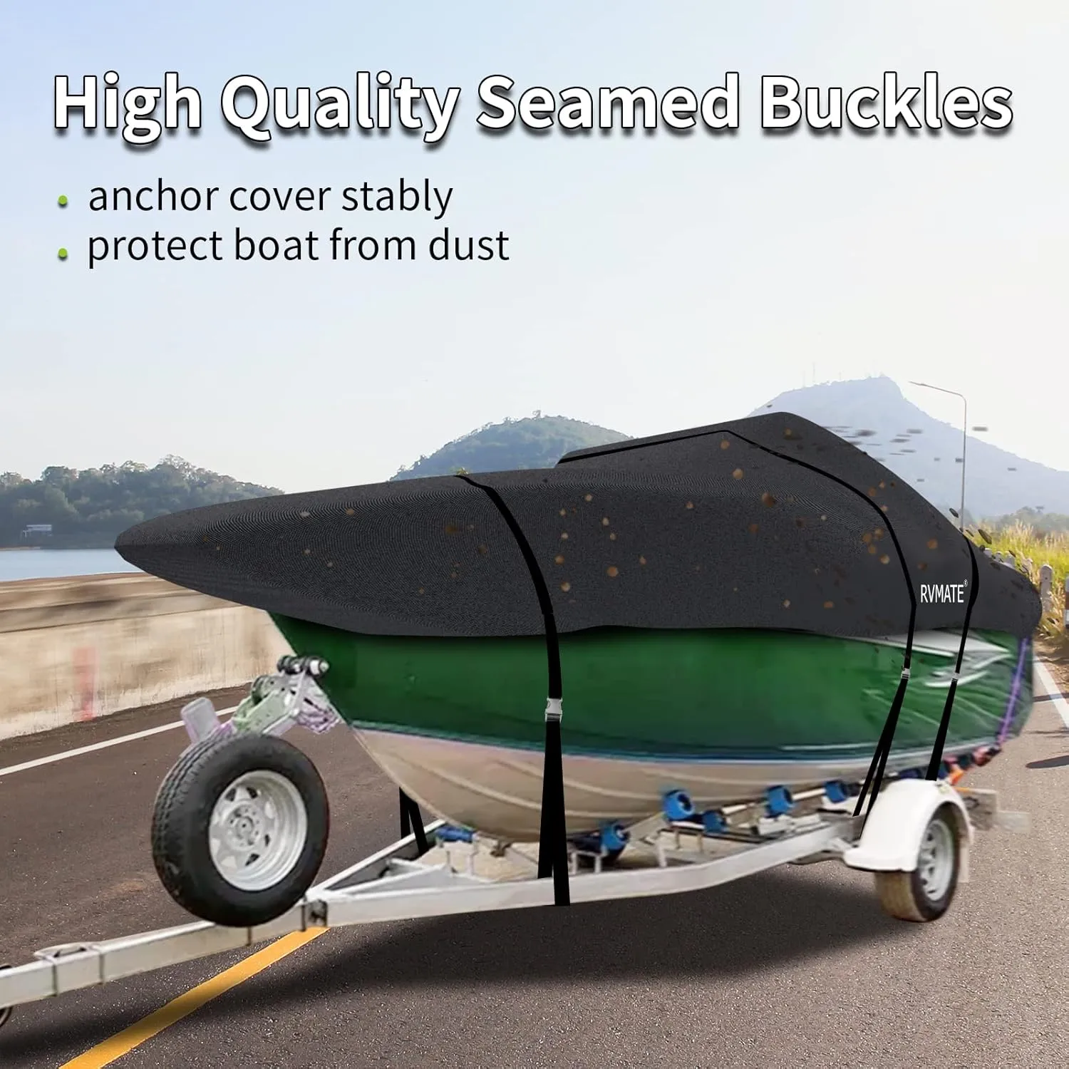 RVMATE 20-22ft Boat Cover, 600D Marine Grade Polyester, Fits V-Hull, Tri-Hull, Fishing Boat, Runabout, Length:20’-22’, Beam Width:106”, Black