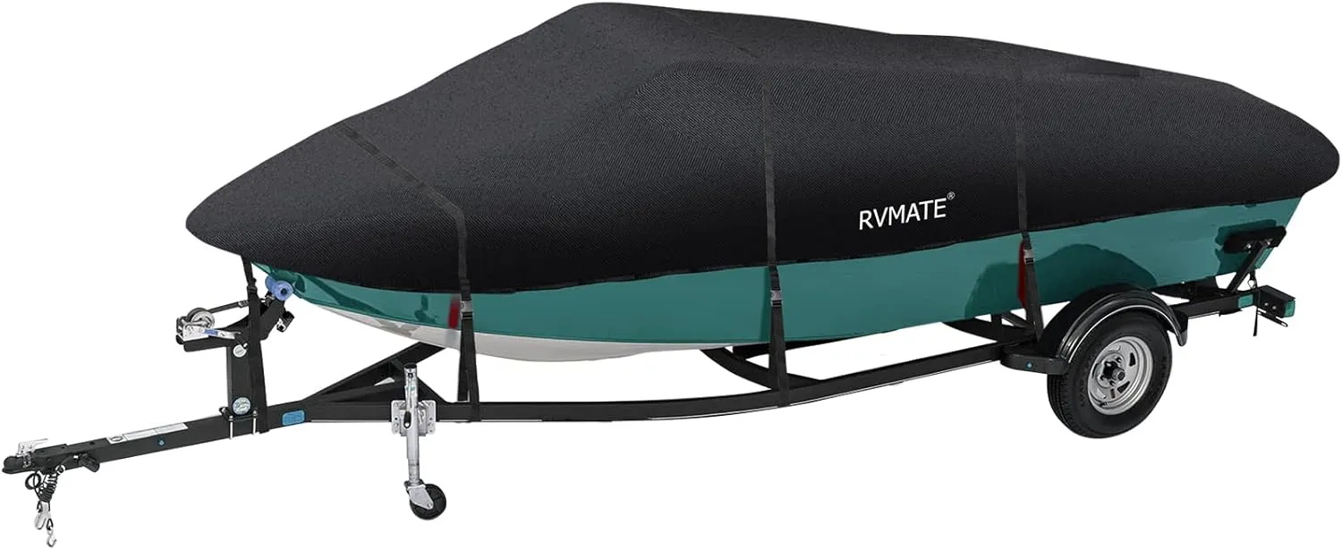RVMATE 20-22ft Boat Cover, 600D Marine Grade Polyester, Fits V-Hull, Tri-Hull, Fishing Boat, Runabout, Length:20’-22’, Beam Width:106”, Black