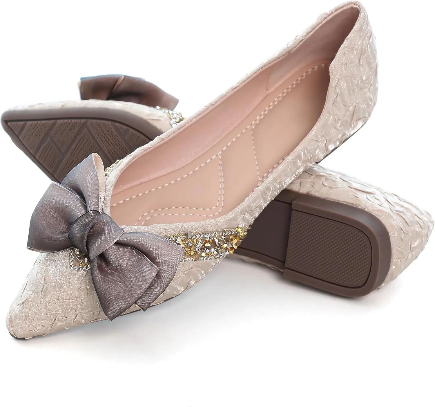 SAILING LU Bow-Knot Ballet Flats for Women Pointed Toe Crystals Wedding Shoes Comfort Light Weight Loafers