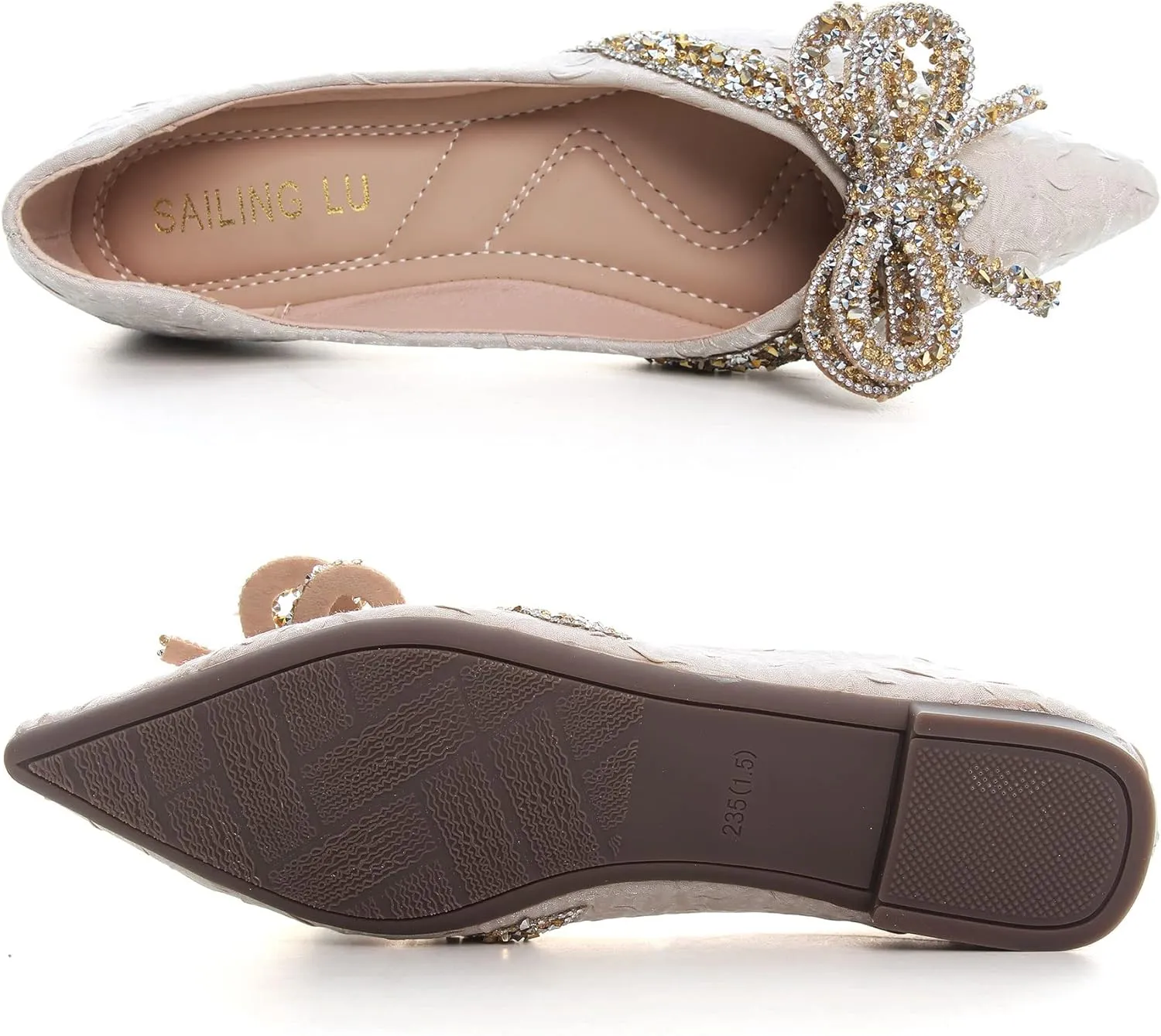SAILING LU Bow-Knot Ballet Flats for Women Pointed Toe Crystals Wedding Shoes Comfort Light Weight Loafers