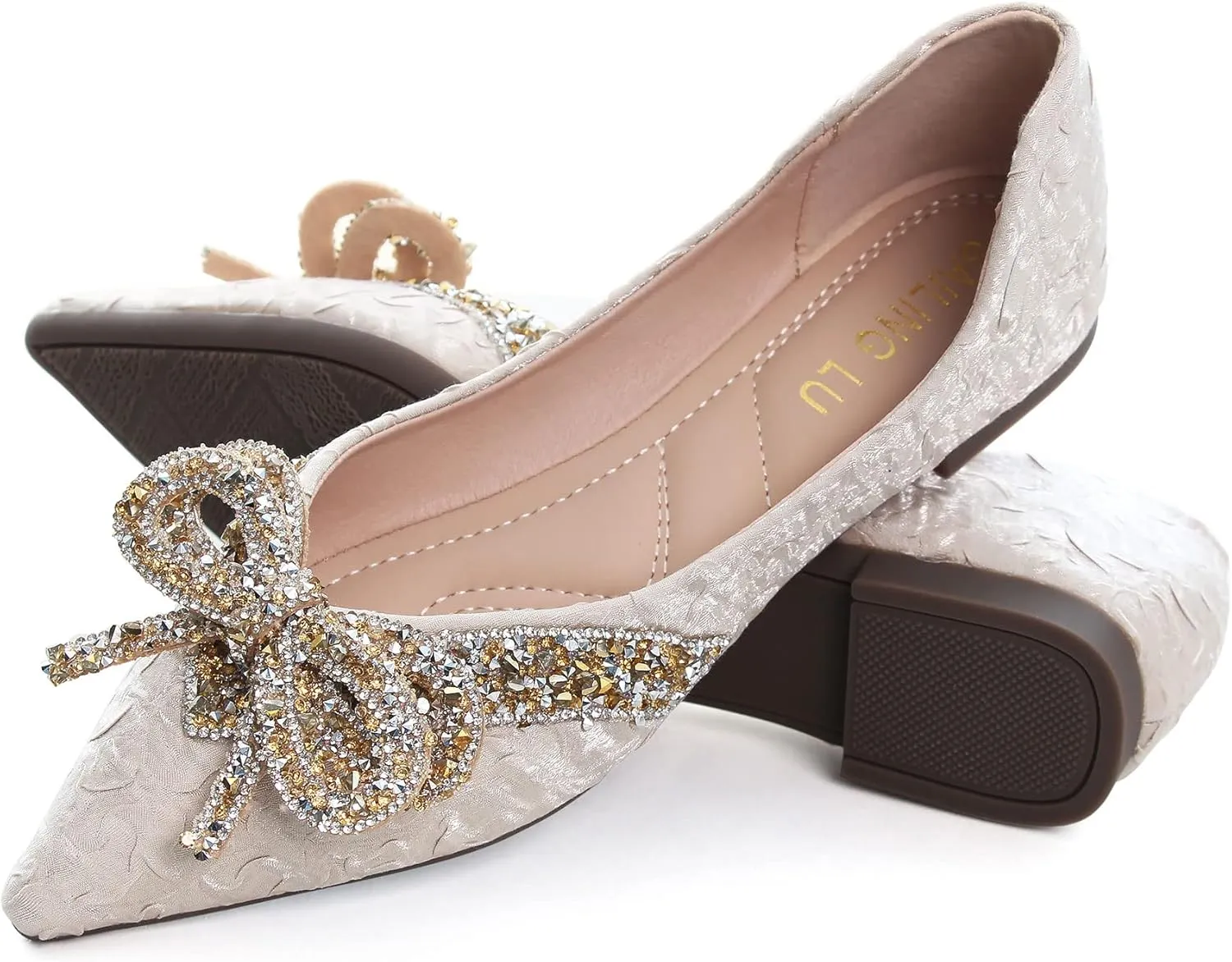 SAILING LU Bow-Knot Ballet Flats for Women Pointed Toe Crystals Wedding Shoes Comfort Light Weight Loafers