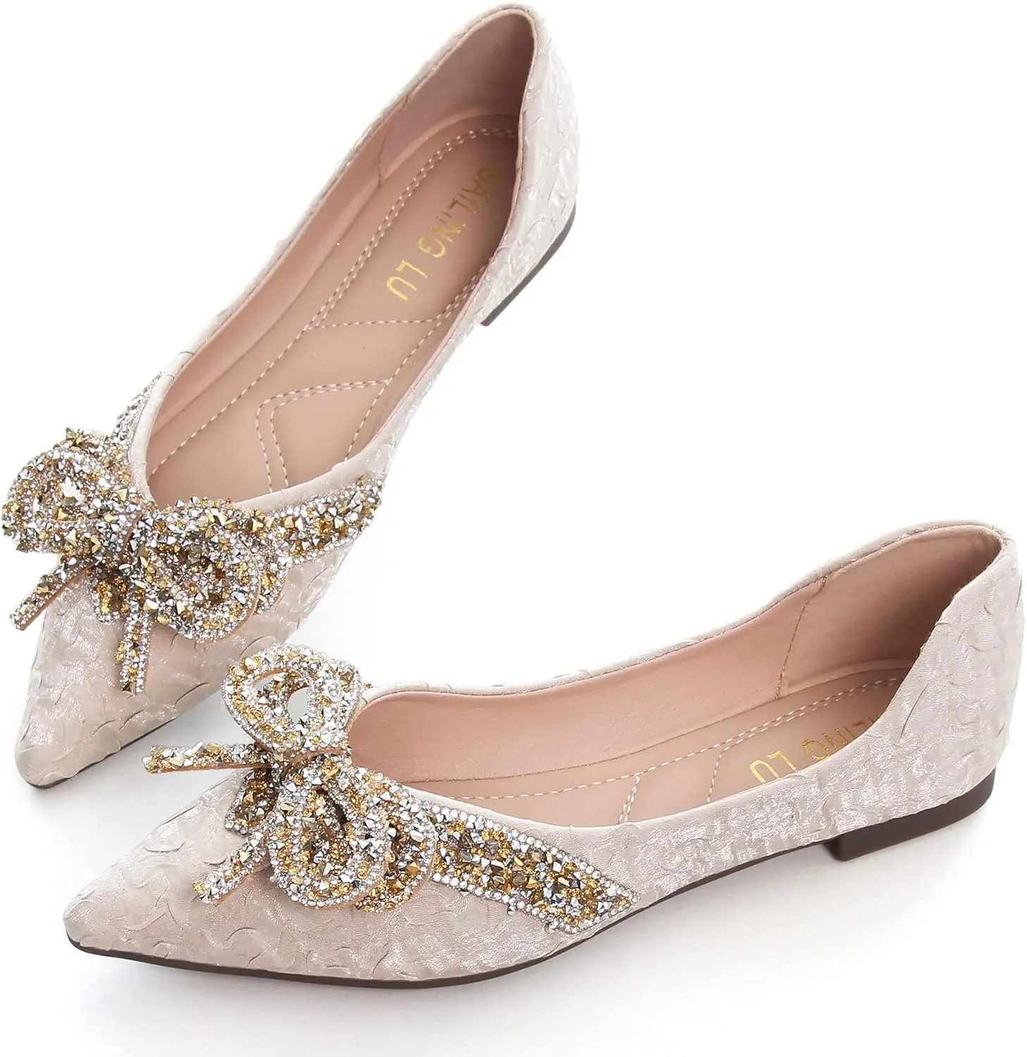 SAILING LU Bow-Knot Ballet Flats for Women Pointed Toe Crystals Wedding Shoes Comfort Light Weight Loafers