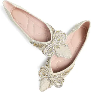 SAILING LU Bow-Knot Ballet Flats for Women Pointed Toe Crystals Wedding Shoes Comfort Light Weight Loafers