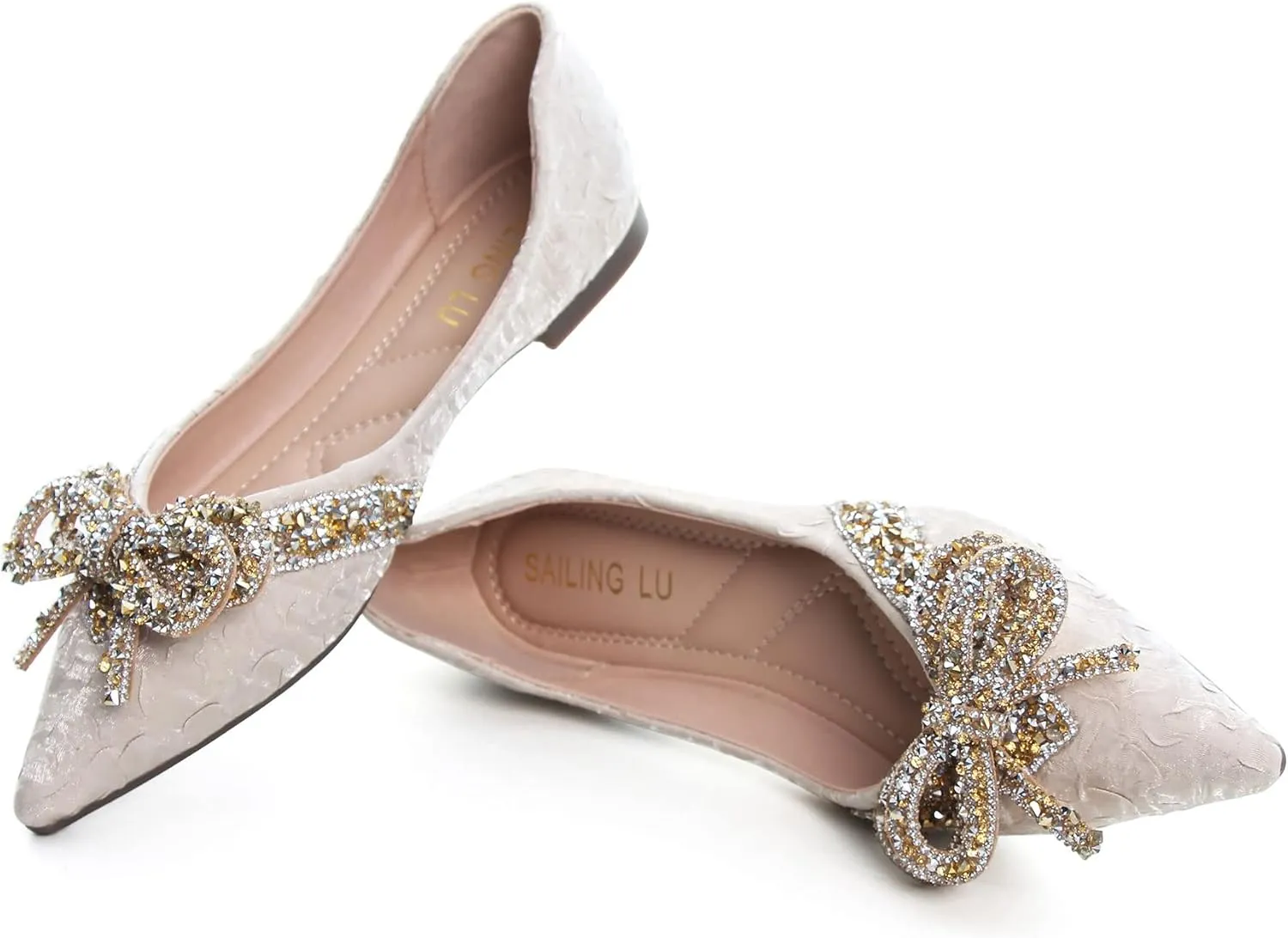 SAILING LU Bow-Knot Ballet Flats for Women Pointed Toe Crystals Wedding Shoes Comfort Light Weight Loafers