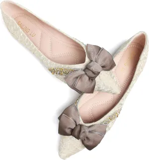 SAILING LU Bow-Knot Ballet Flats for Women Pointed Toe Crystals Wedding Shoes Comfort Light Weight Loafers