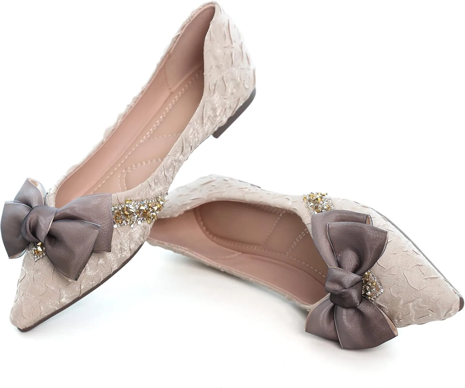 SAILING LU Bow-Knot Ballet Flats for Women Pointed Toe Crystals Wedding Shoes Comfort Light Weight Loafers